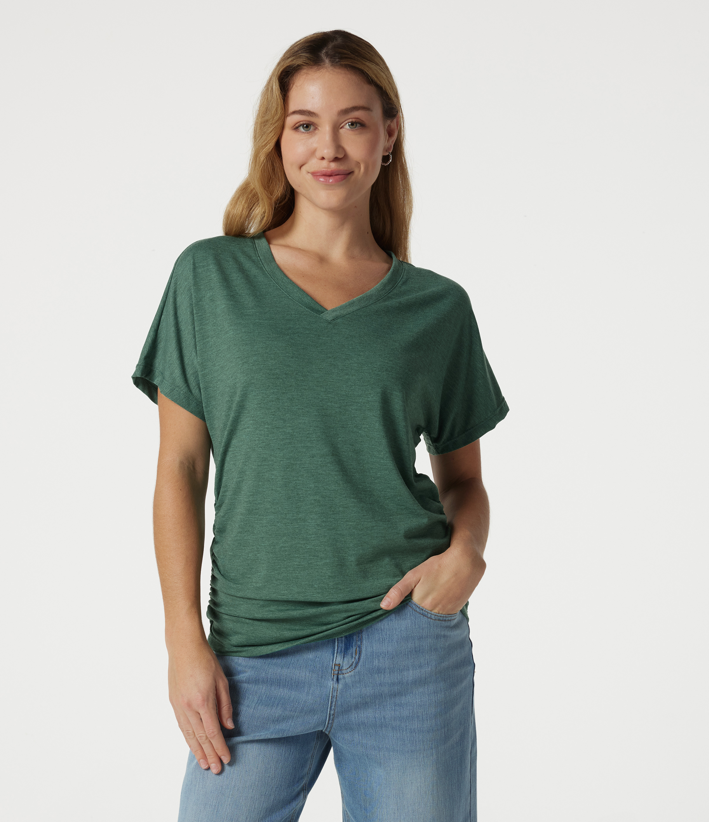 V-neck Short Sleeve Ruched Relaxed Casual Top