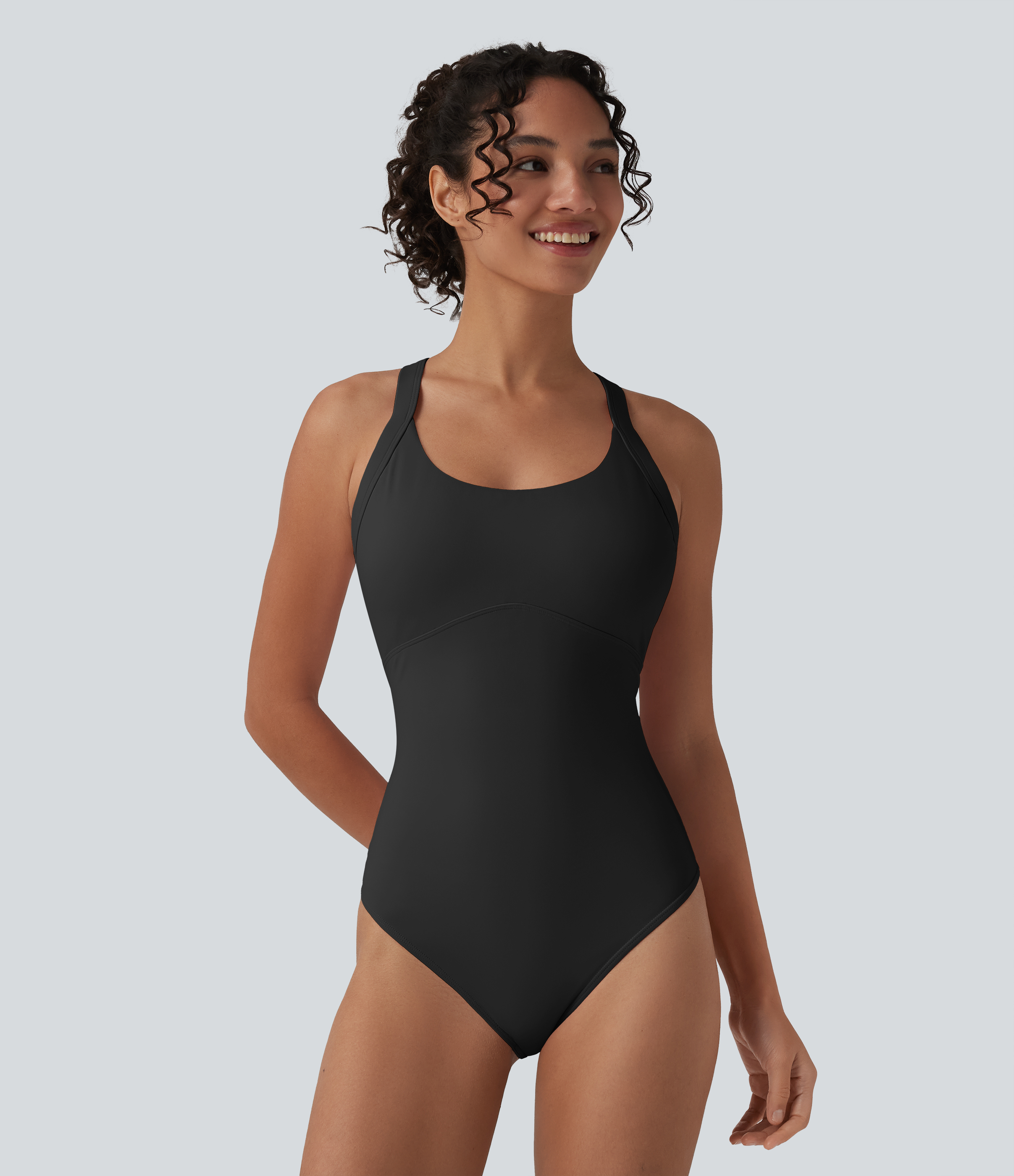 Black SoftlyZero™ Airy Twisted Backless Adjustable Buckle U-Neck Sleeveless Built-in Bra InstantCool Casual Bodysuit / 2