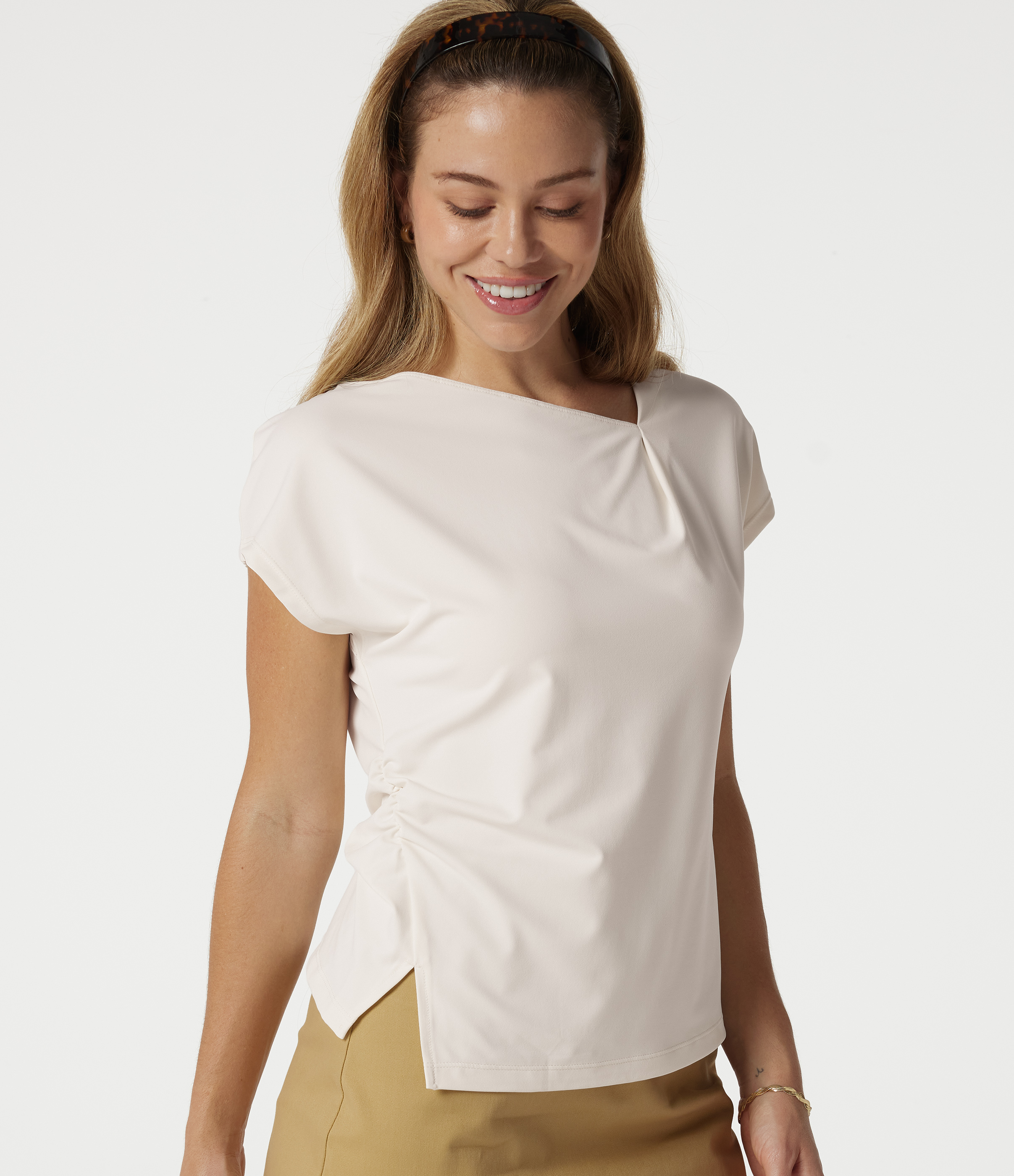 Asymmetric Cowl Neck Short Sleeve Ruched Split Hem Work Blouse