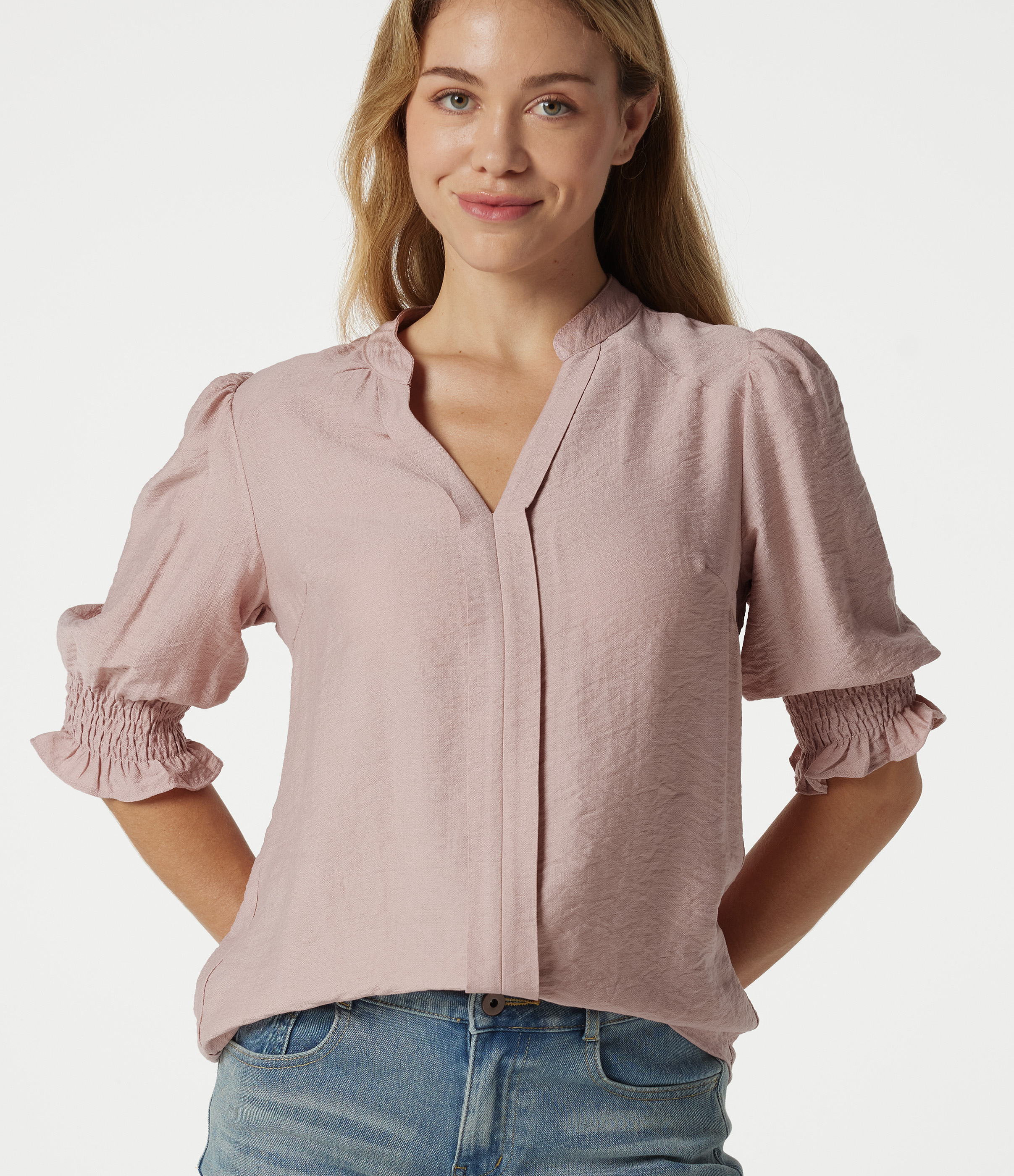 V Neck Puff Short Sleeve Casual Blouse