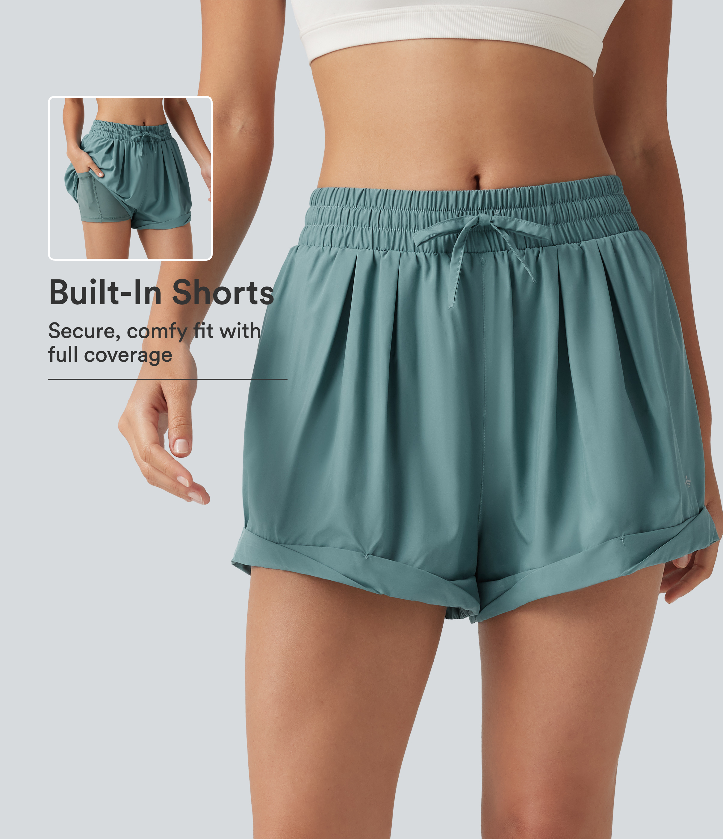 Baggy 2-in-1 Lauf-Shorts mit mittelhohem Bund, Seitentasche und Kordelzug