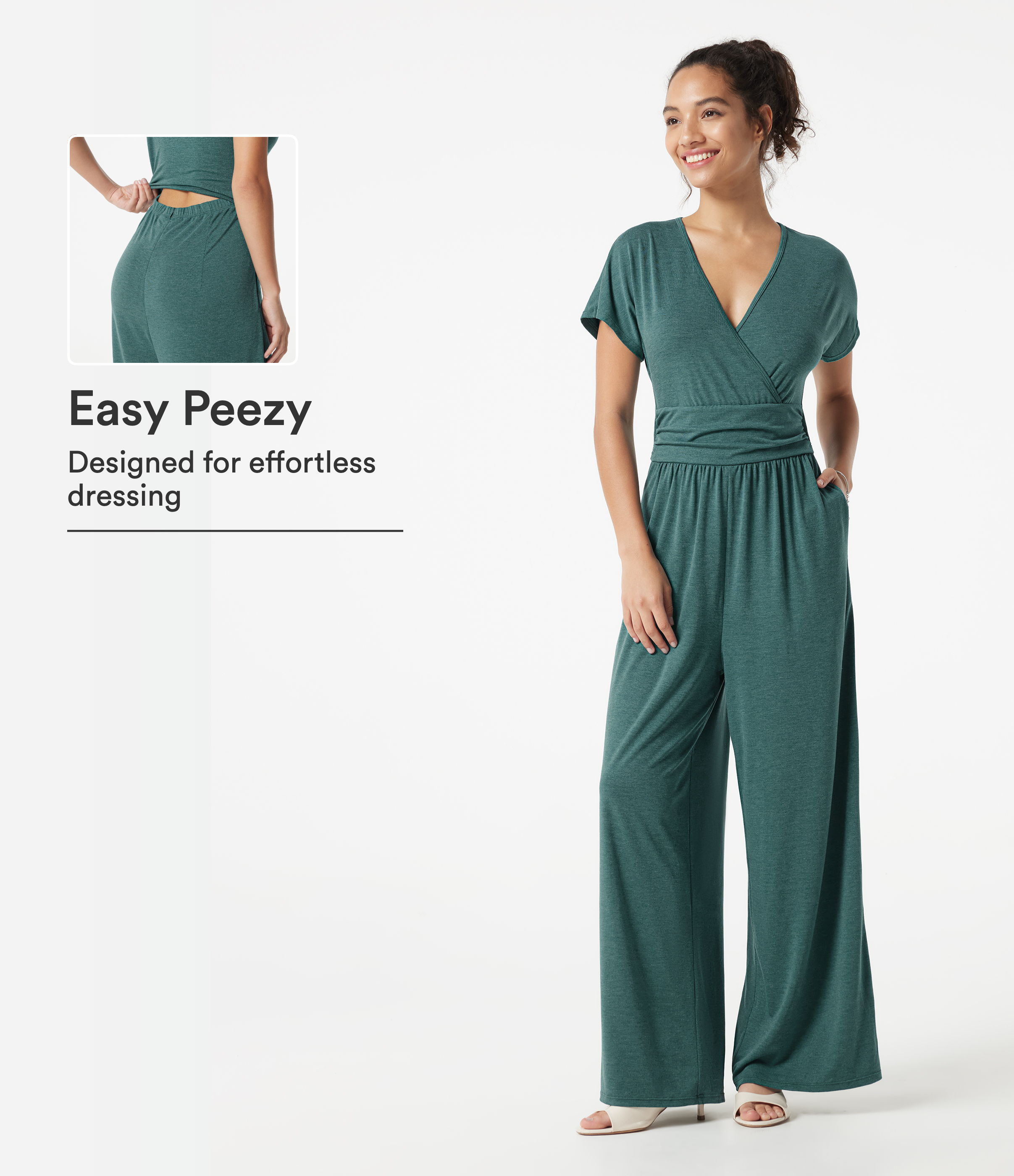 V Neck Batwing Sleeve Ruched Casual Jumpsuit with Pockets-Easy Peezy Edition