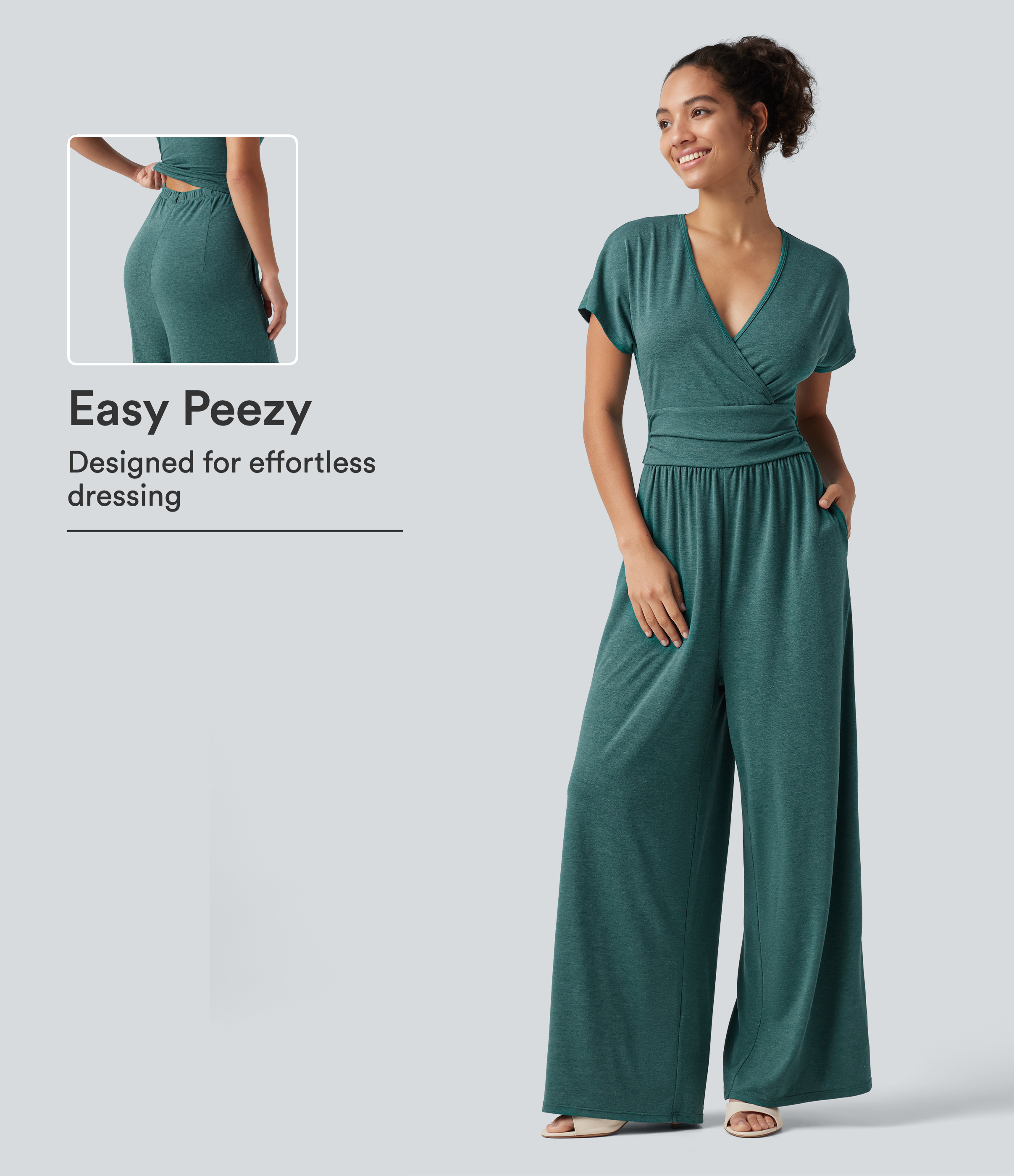 V Neck Batwing Sleeve Ruched Casual Jumpsuit with Pockets-Easy Peezy Edition