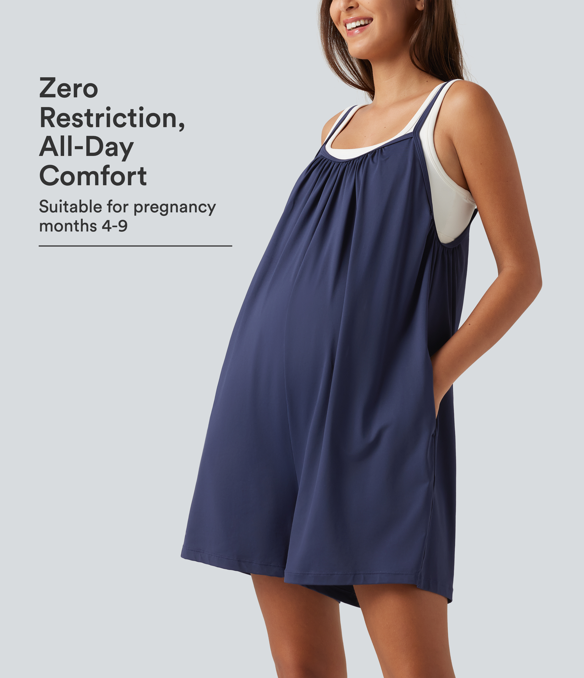 Spaghetti Solid Wide Leg Casual Maternity Romper with Pockets