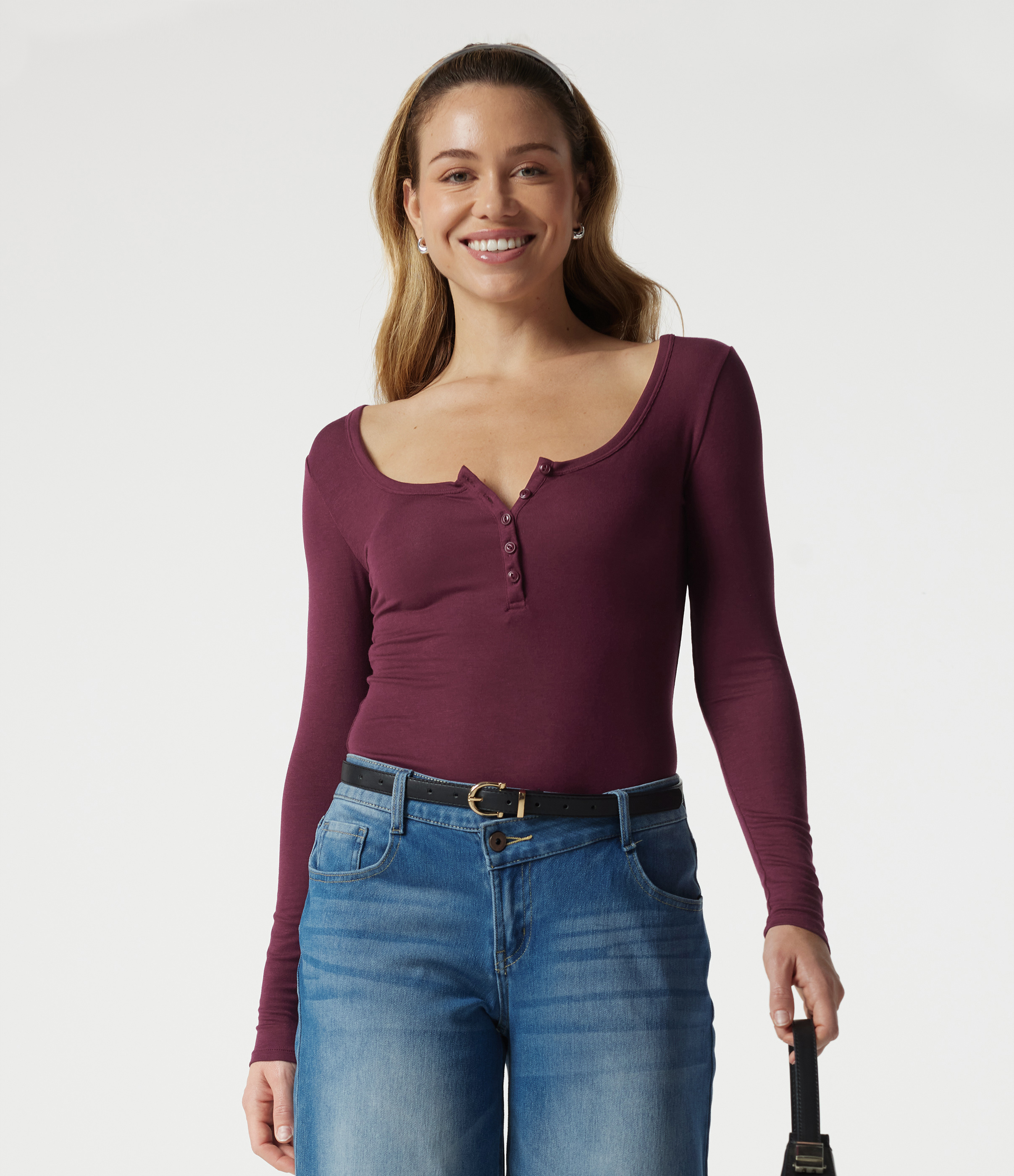 Ribbed Henley Neck Long Sleeve Slim Casual T-Shirt