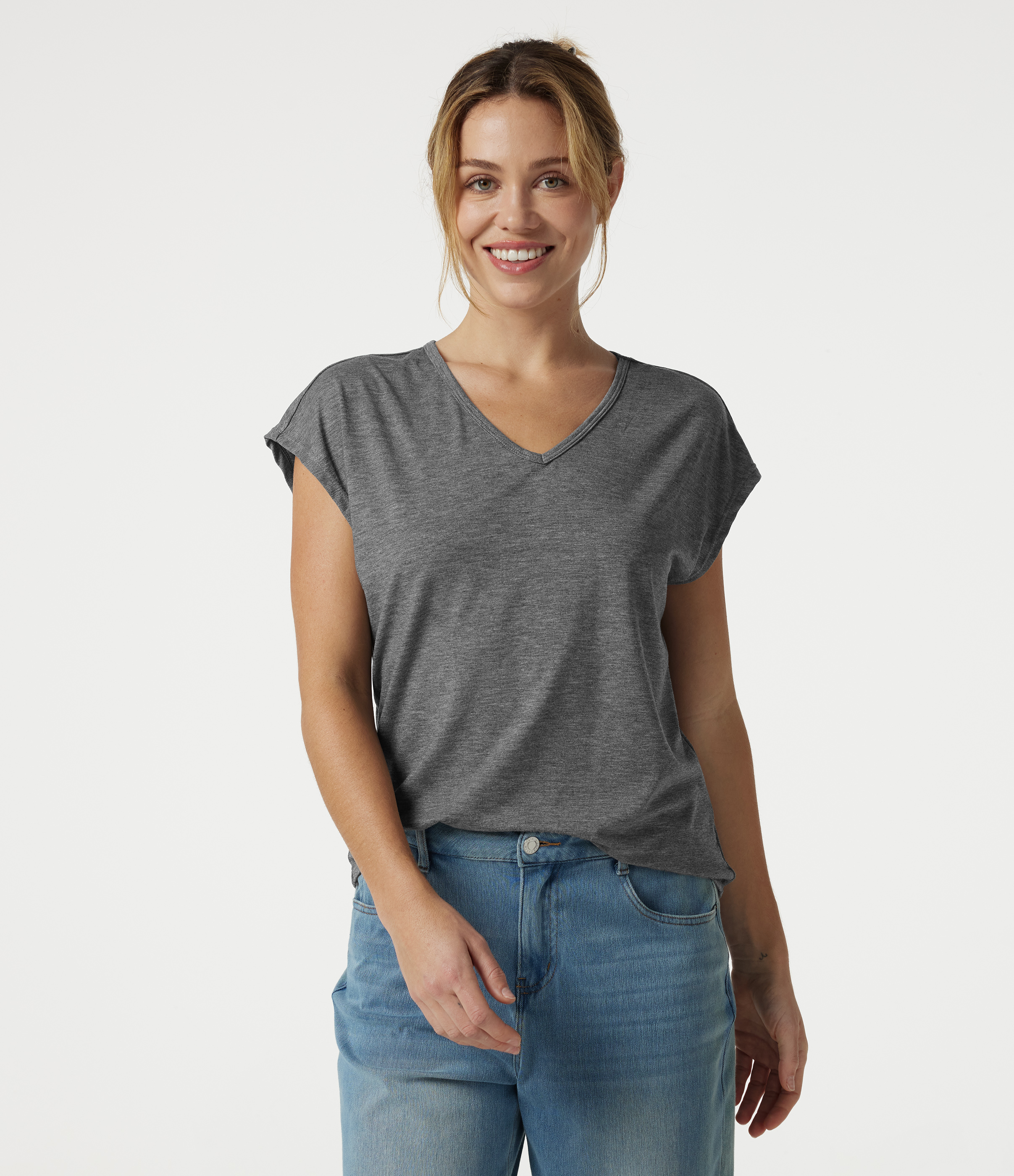 V Neck Short Sleeve Relaxed Heathered Casual T-Shirt