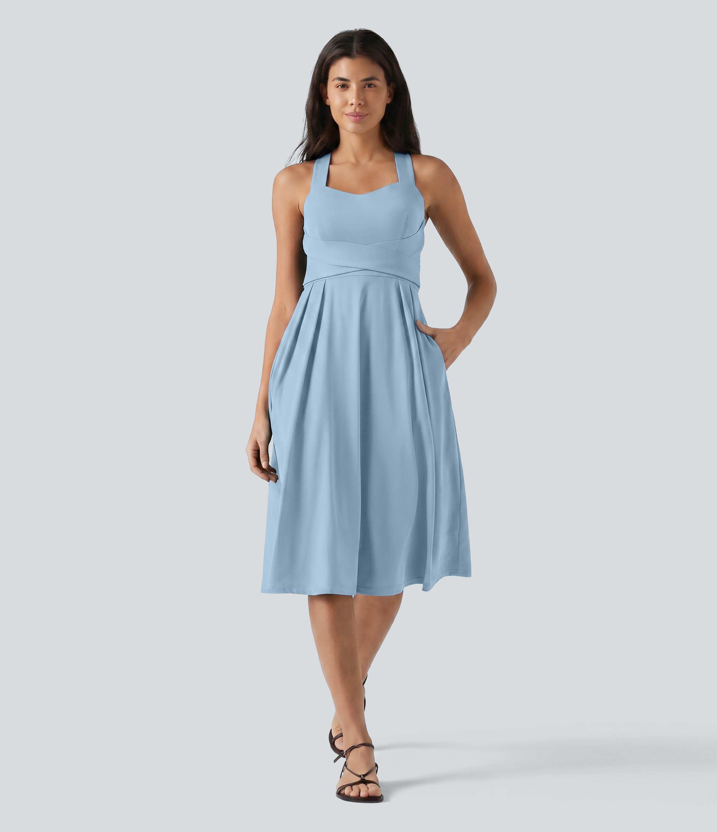 Sweetheart Neck Sleeveless Crisscross Tie-back Midi Casual Flowy Dress with Pockets