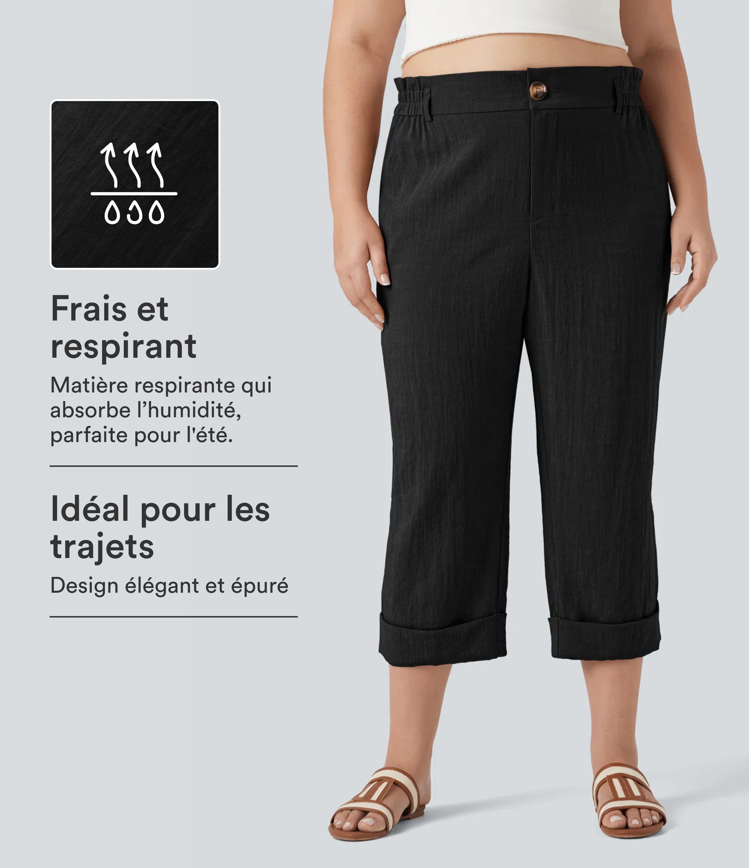 Pantalon de villégiature capri effet lin, grande taille, taille haute, avec poches