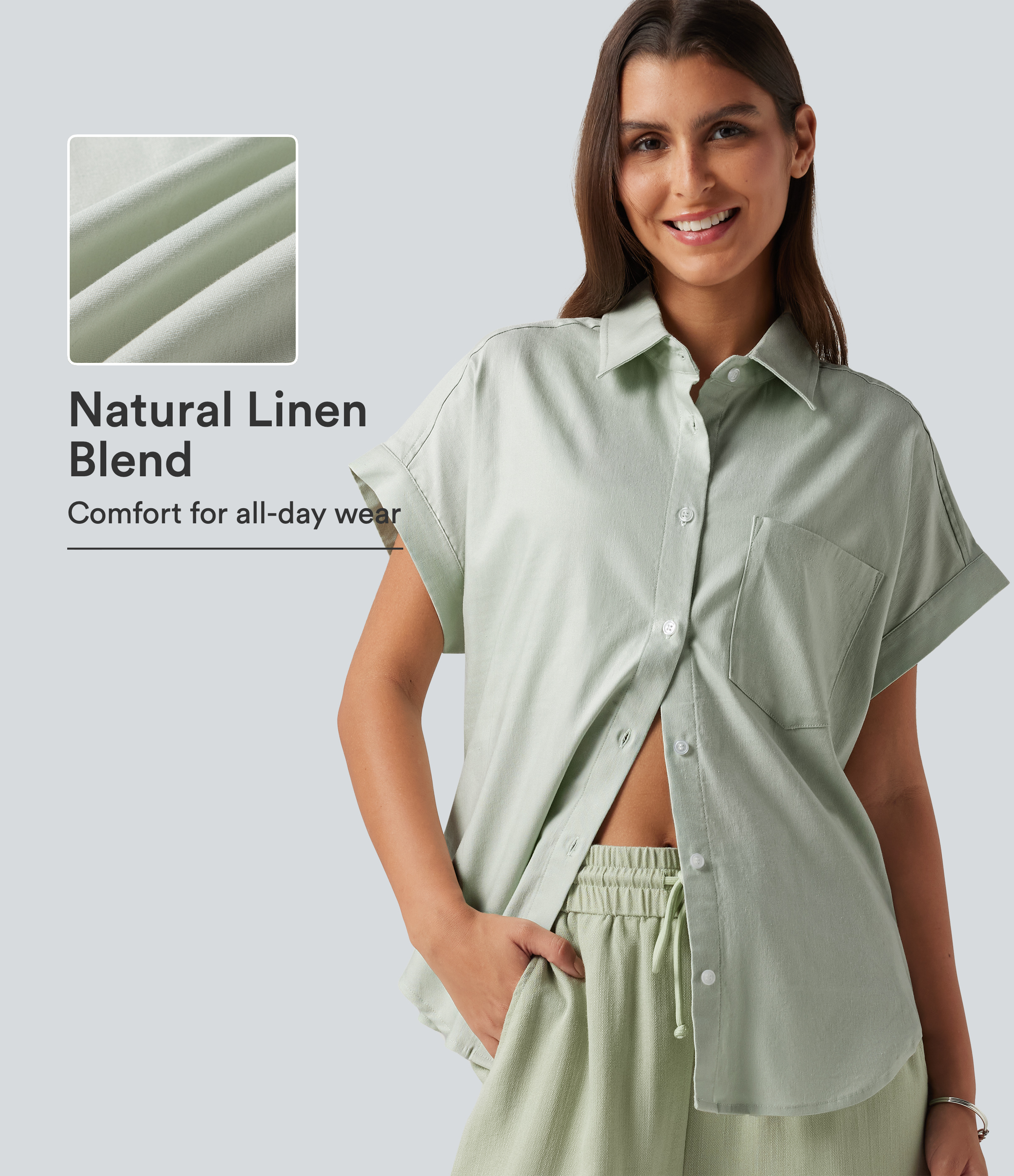 Short Sleeve Casual Cotton Linen Shirt with Pocket