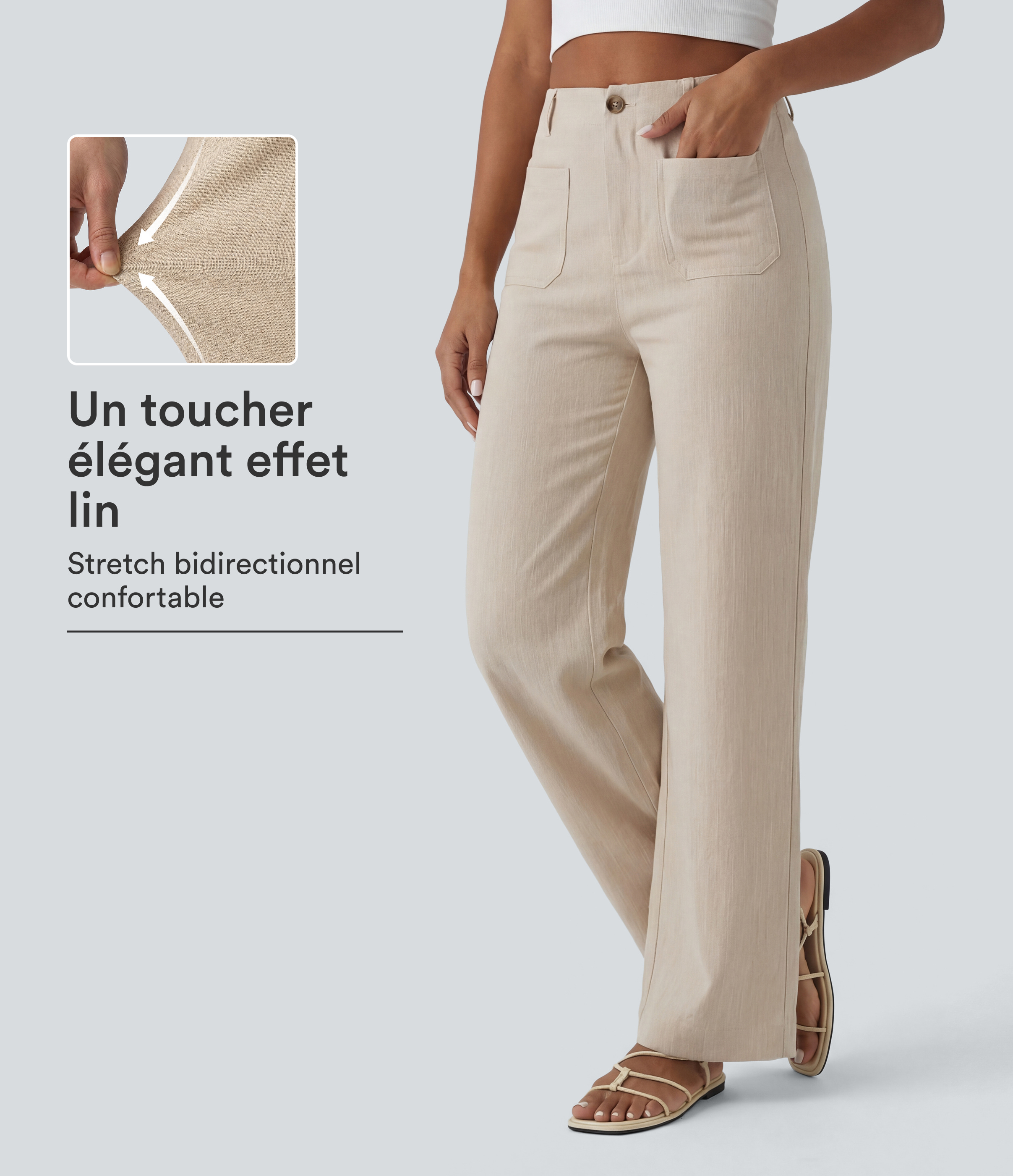 Pantalon taille haute coupe droite effet lin avec poches