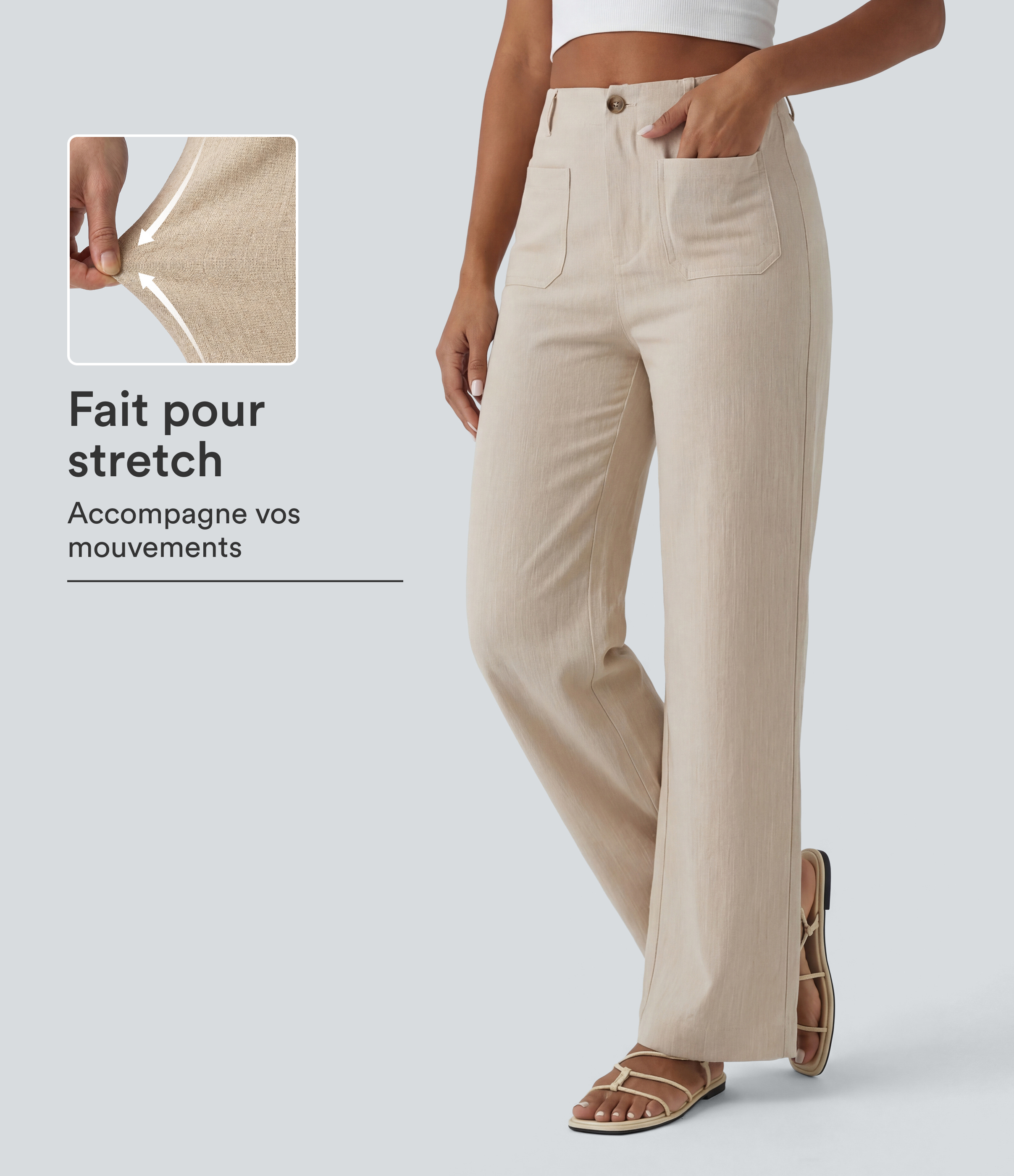 Pantalon taille haute coupe droite effet lin avec poches