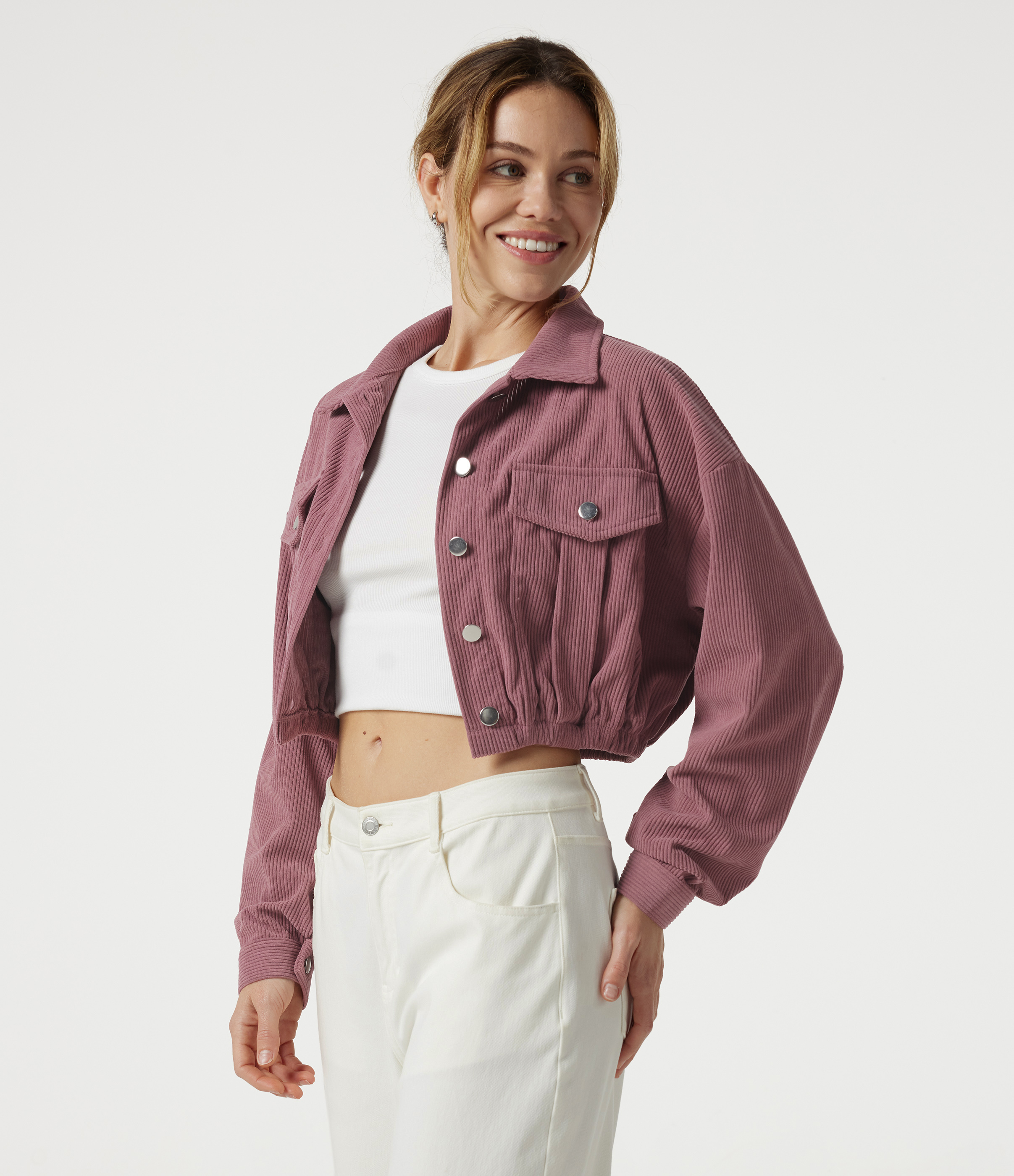 Pocket Cropped Corduroy Casual Jacket