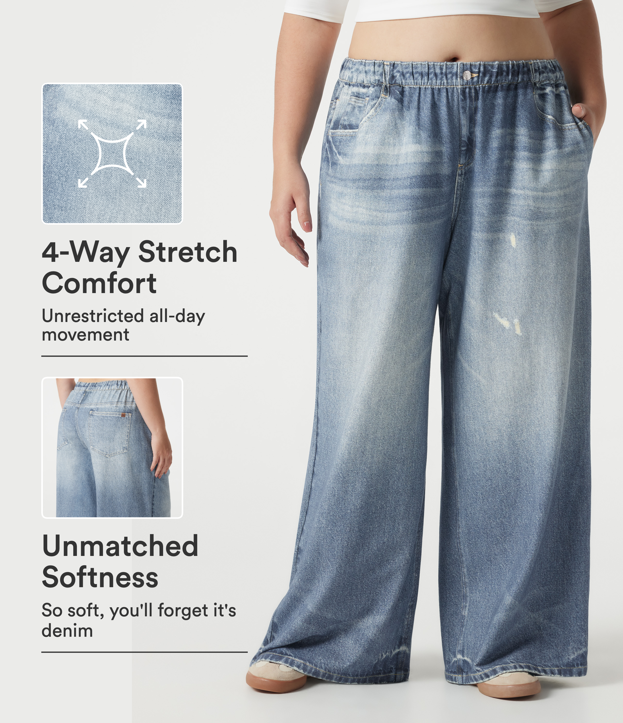 Plus Size Mid Rise Denim Print French Terry Casual Sweatpants Jeans with Pockets