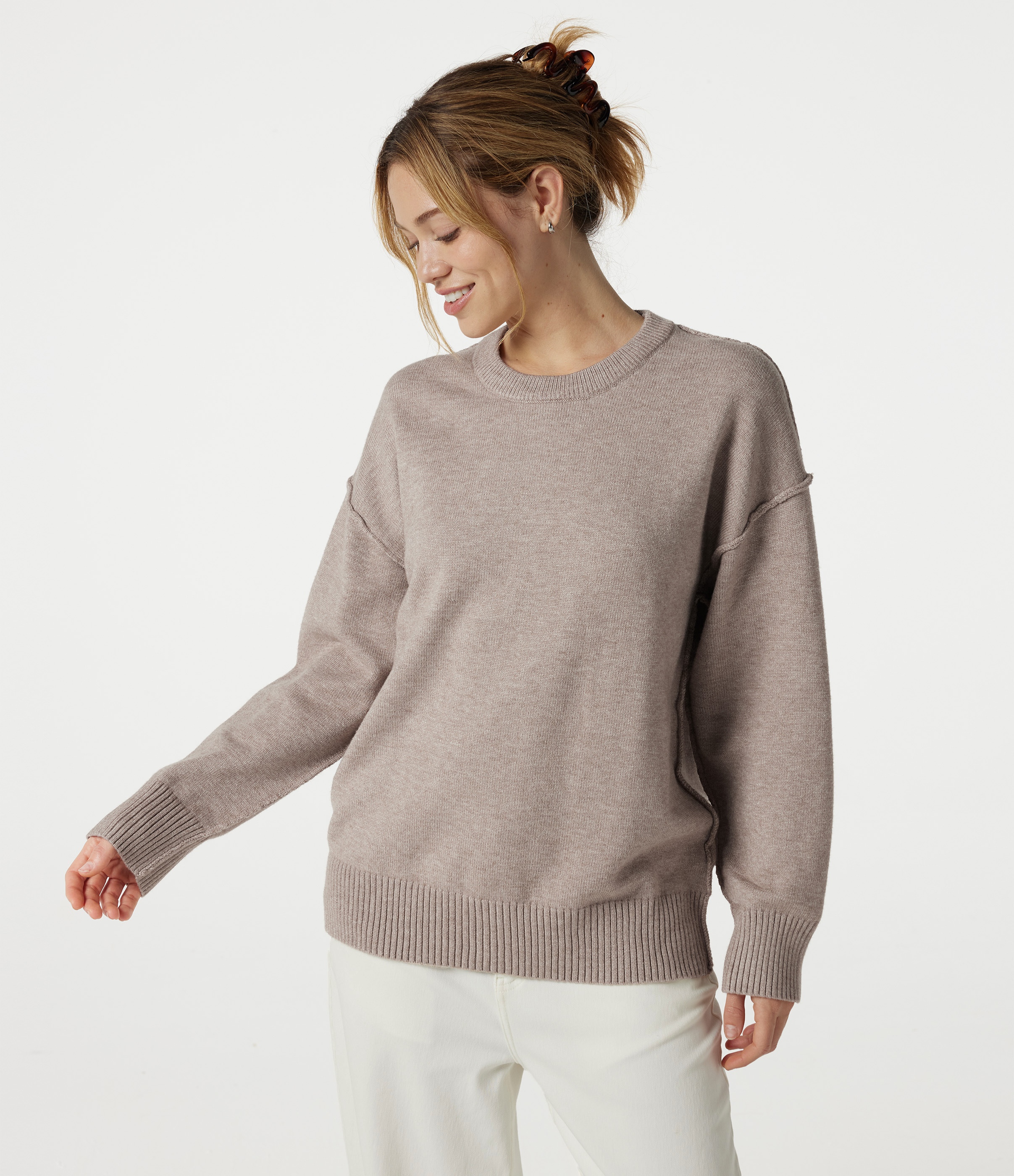 Round Neck Dropped Shoulder Long Sleeve Casual Sweater