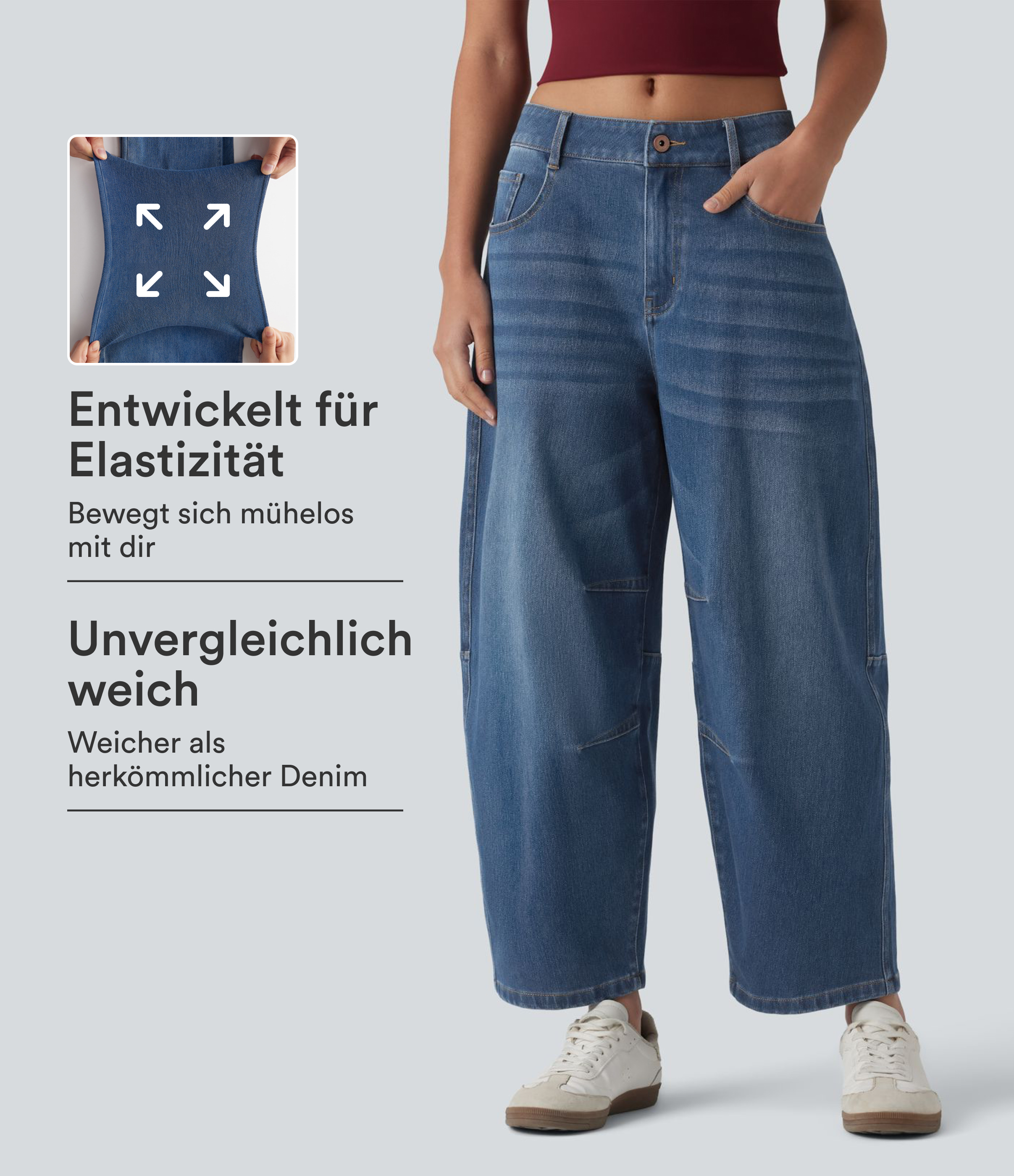 Halara Flex™ Barrel-Leg-Jeans aus elastischem Strick-Denim mit niedrigem Bund, Knopf, Reißverschluss und mehreren Taschen