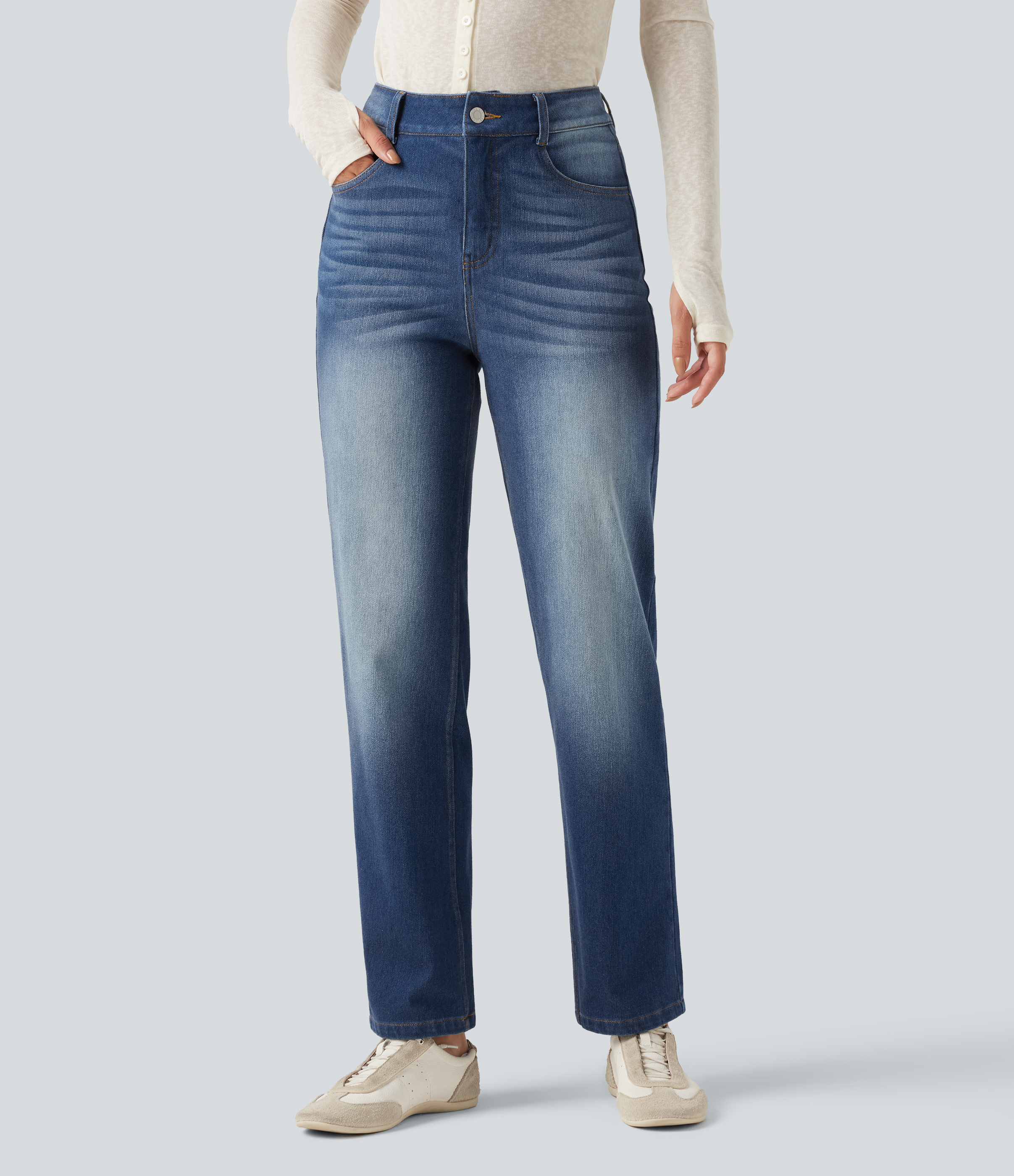 Halara Flex™ High Waisted Tummy Control Straight Leg Washed Casual Jeans with Pockets
