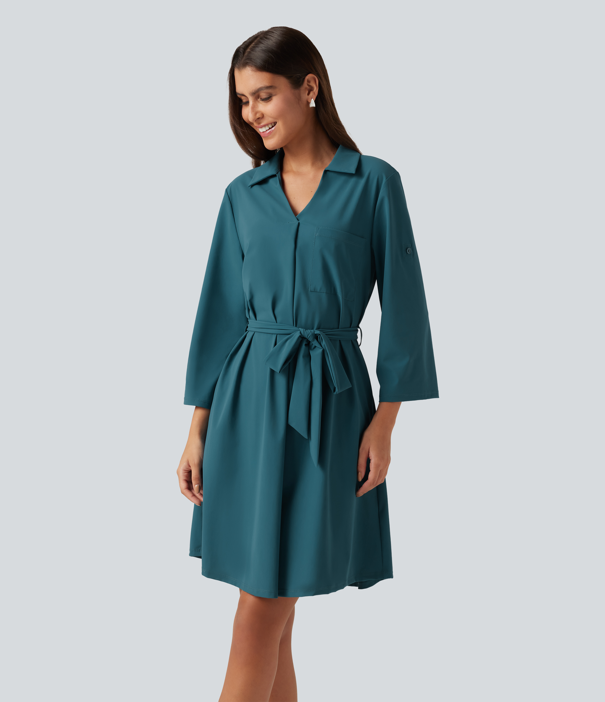 Collard Lace Up Short Sleeve Work Mini Dress