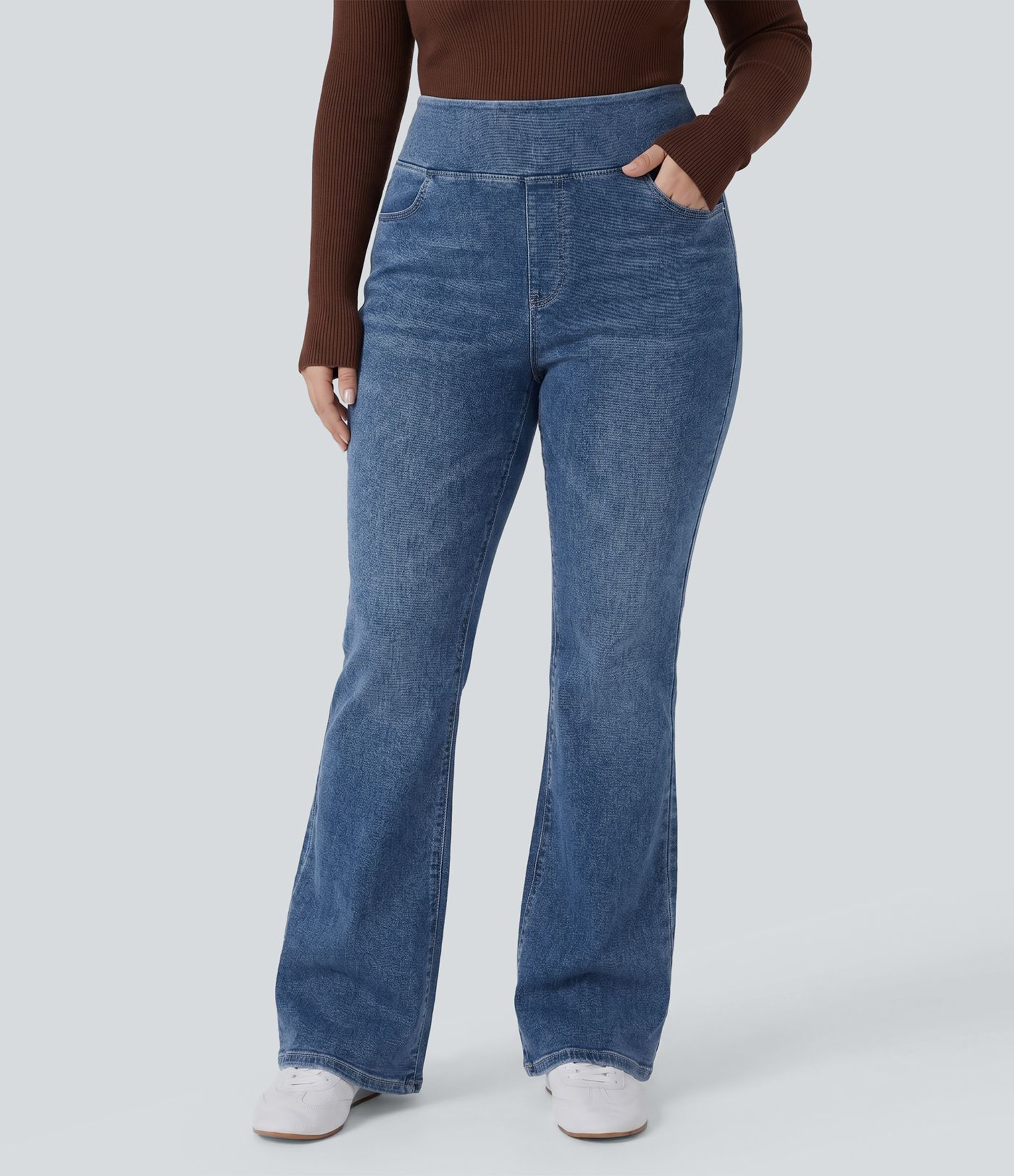 Jean décontracté Halara Flex™ grande taille bootcut taille haute en maille extensible délavée avec multiples poches