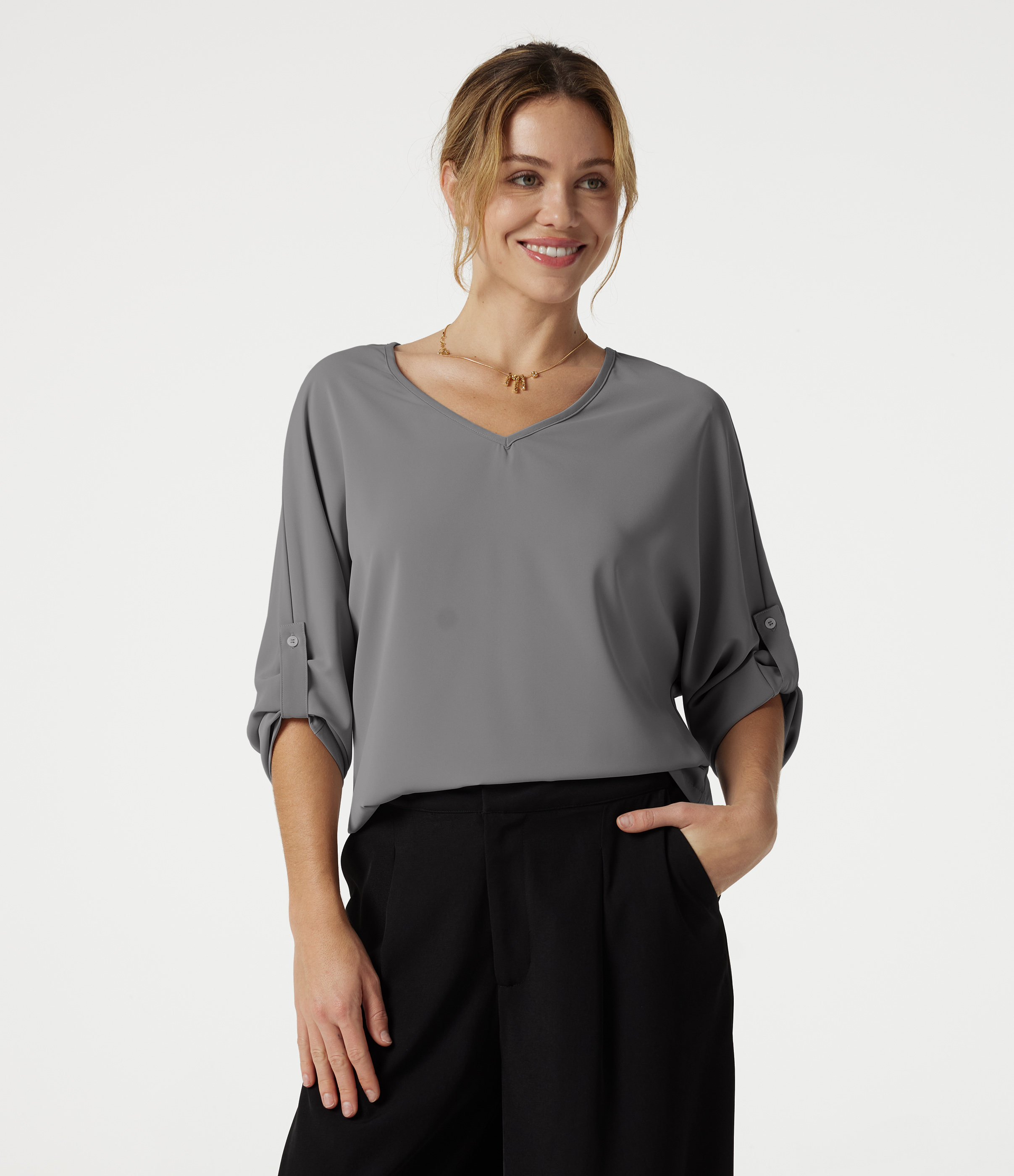 Wrinkle-resistant V Neck Long Sleeve Work Blouse