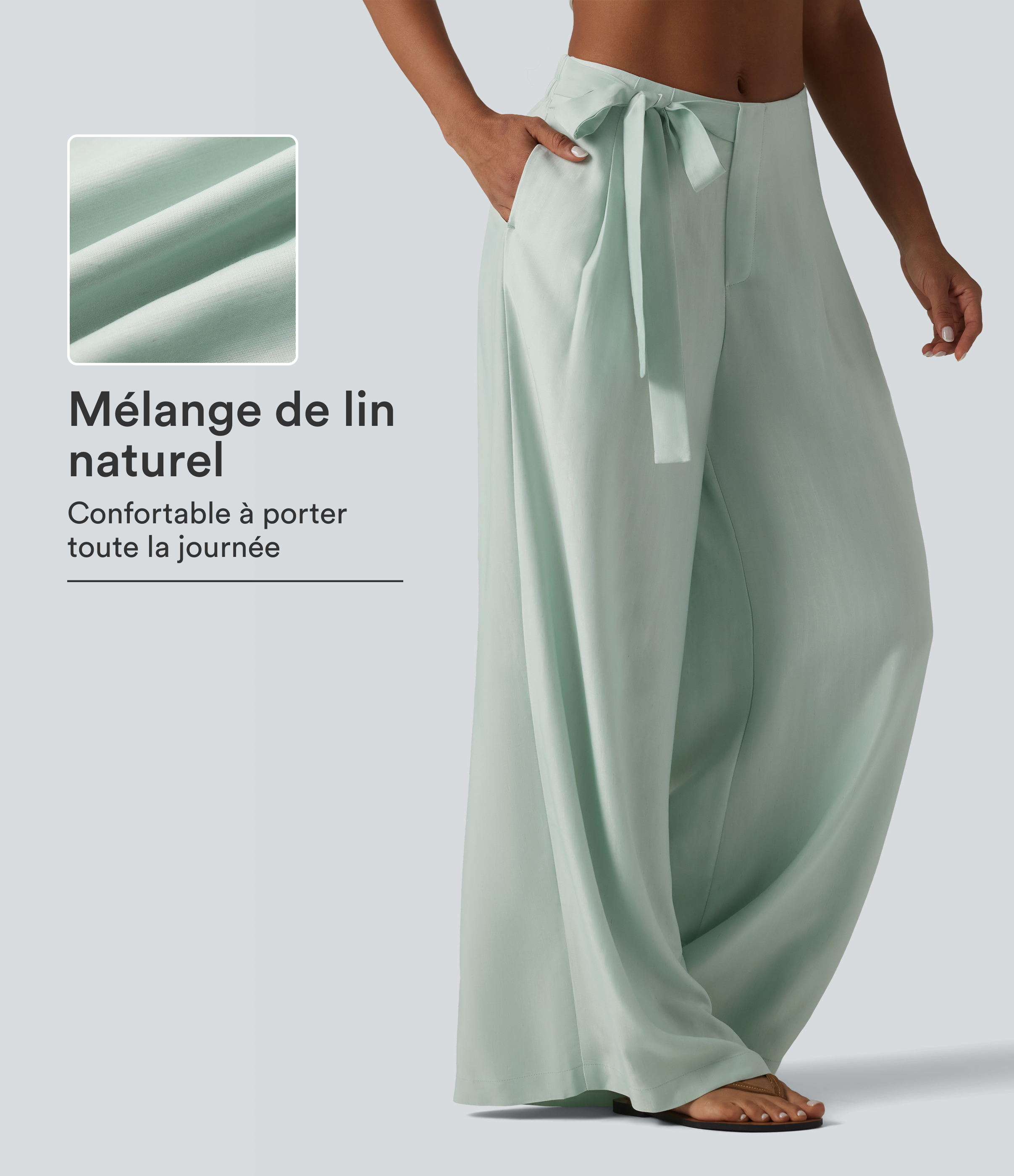 Pantalon large fluide taille haute en lin mélangé avec poches et liens latéraux