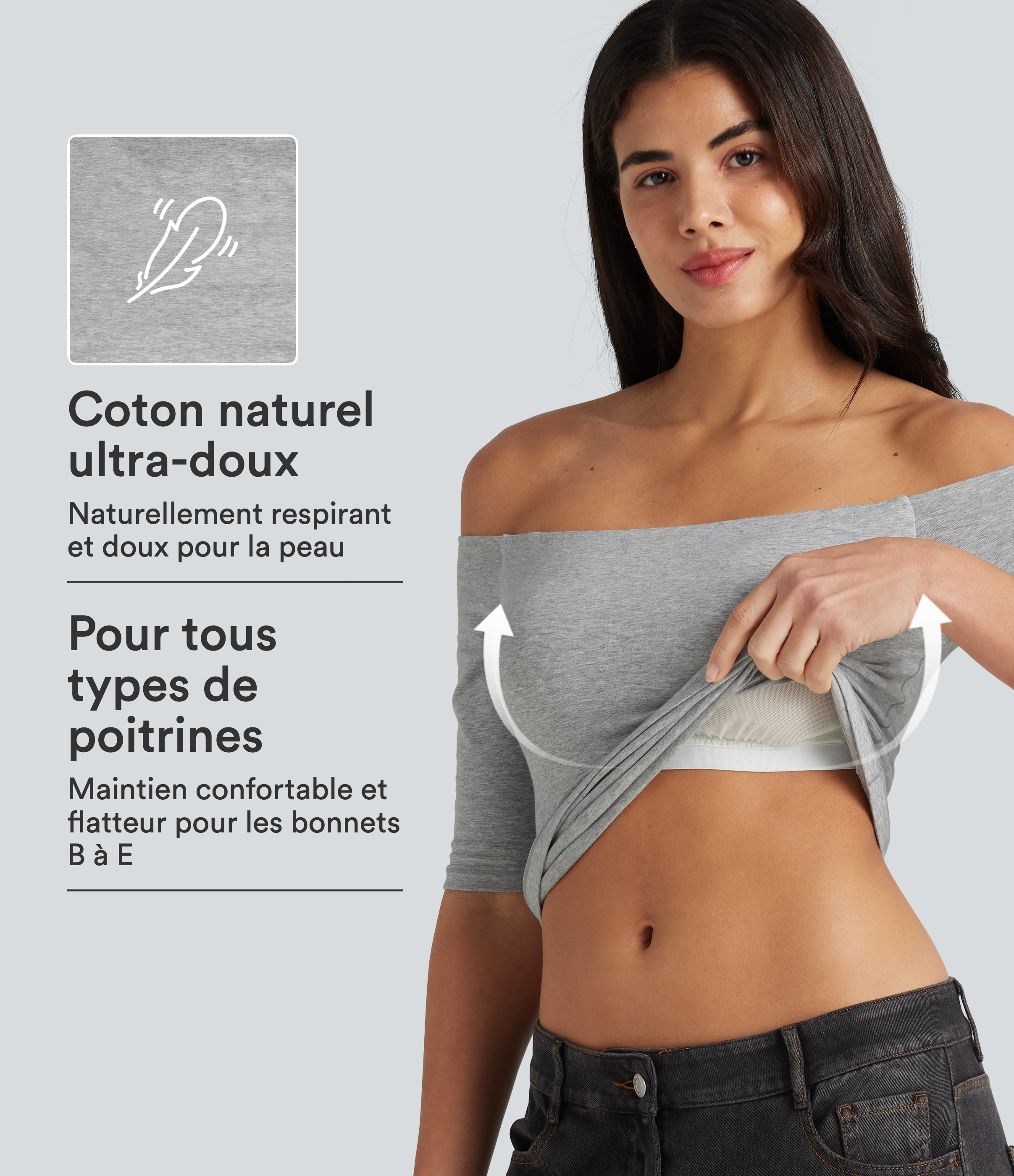 T-shirt décontracté Halara Cotton Jersey épaules dénudées à manches mi-longues, bretelles amovibles et coussinets amovibles, bonnets B à E
