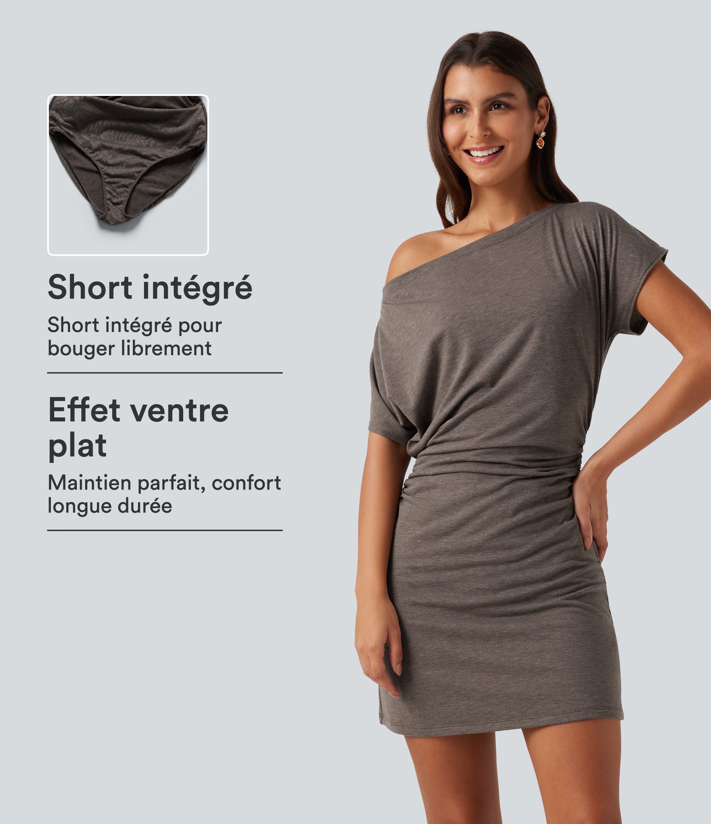Robe mini décontractée asymétrique une épaule avec détails froncés, effet ventre plat et short intégré