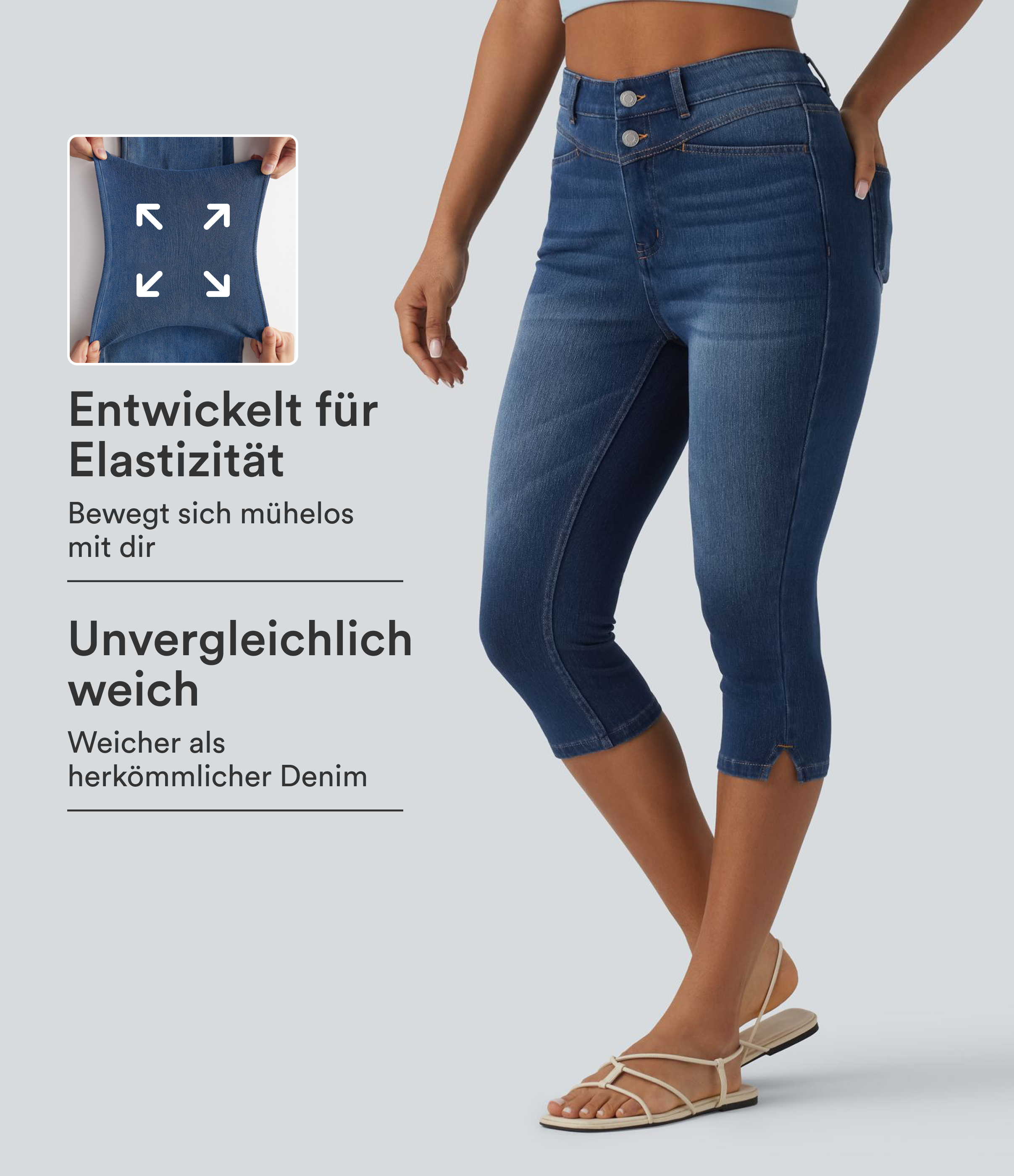 Halara Flex™ - Lässige Capri-Jeans mit hohem Bund, mehreren Taschen und geschlitztem Saum - slim