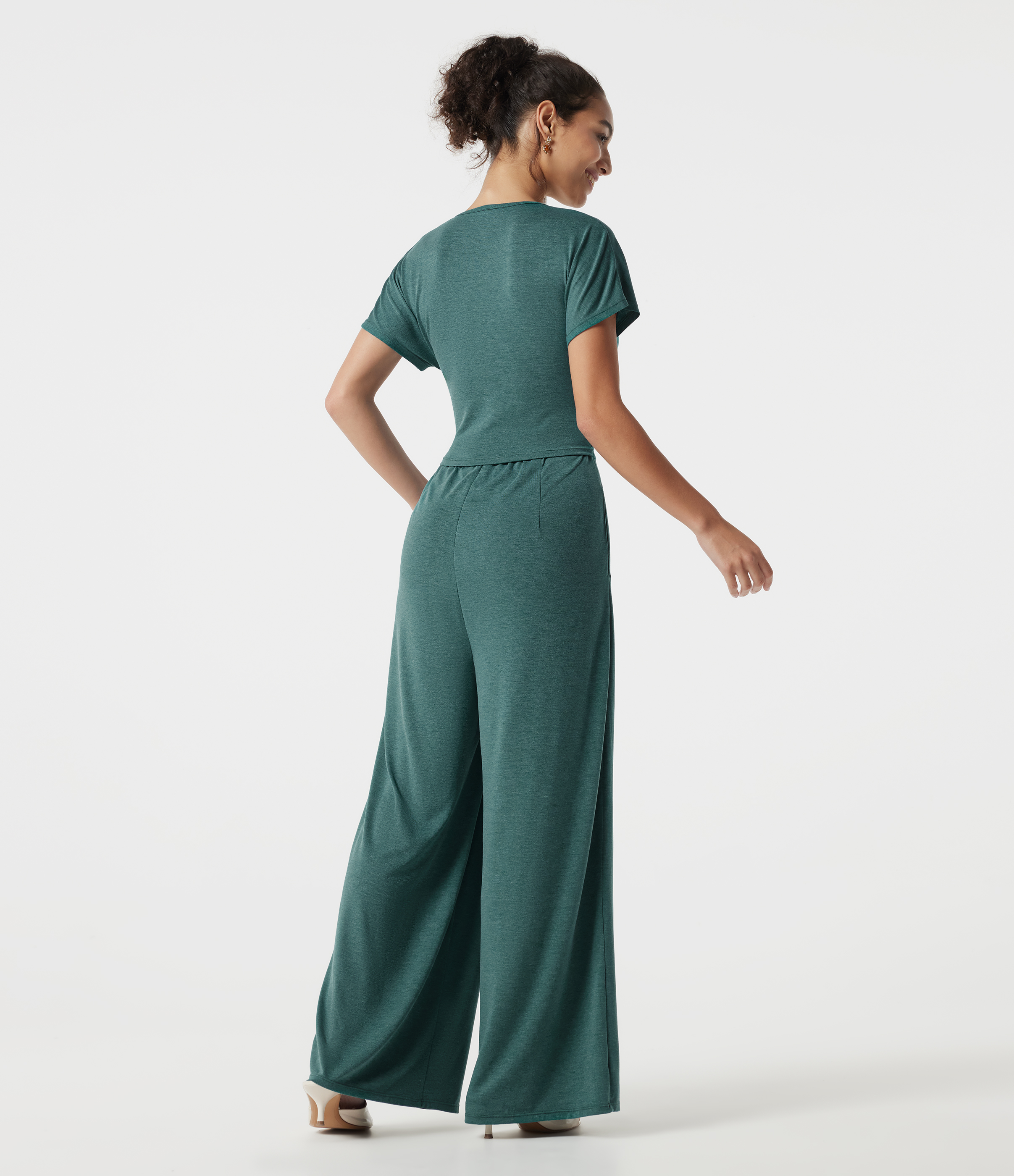Jade Green Floral Yarn V Neck Batwing Sleeve Ruched Casual Jumpsuit with Pockets-Easy Peezy Edition / 2