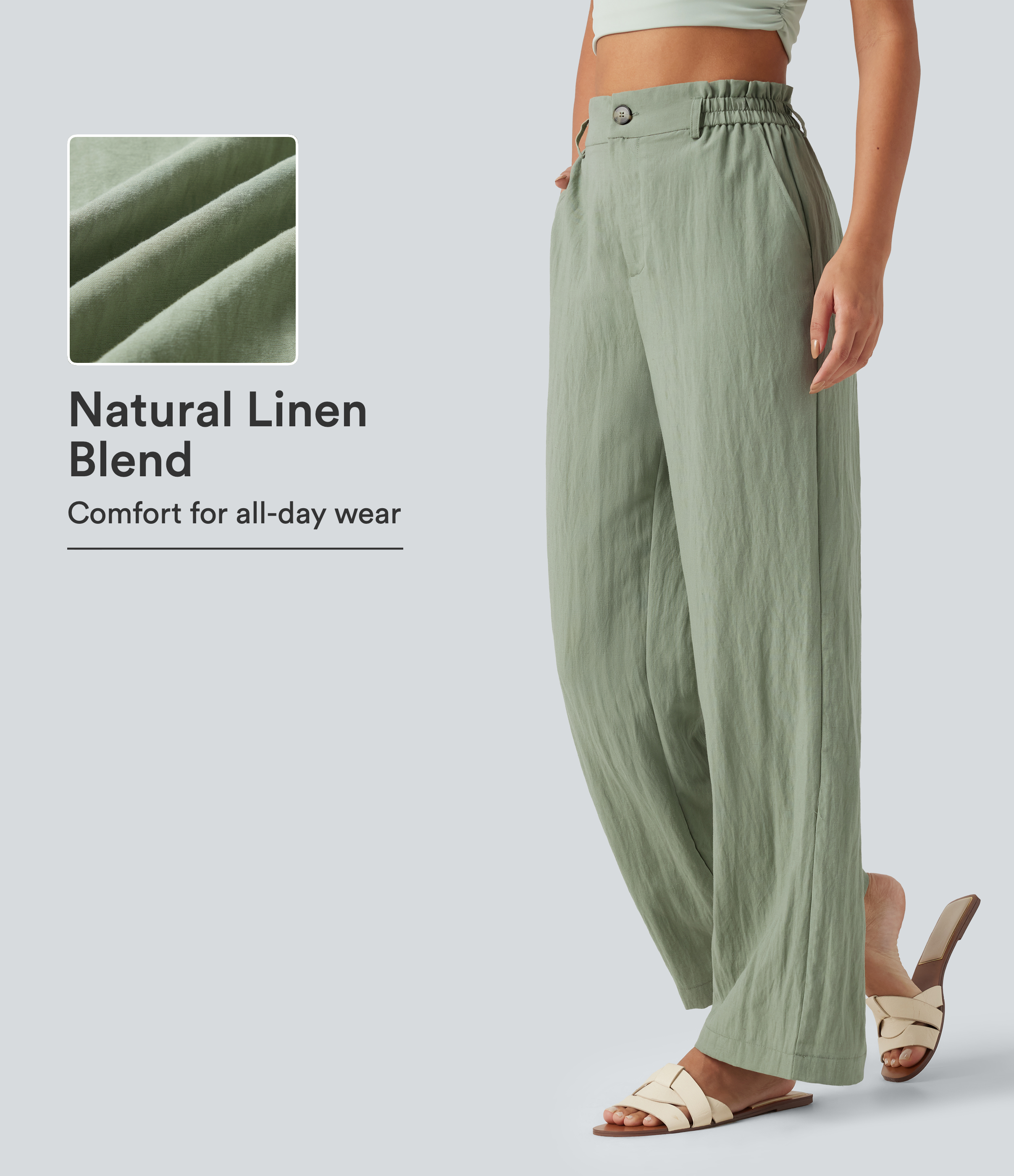 High Waisted Wide Leg Casual Linen-Blend Pants with Pockets