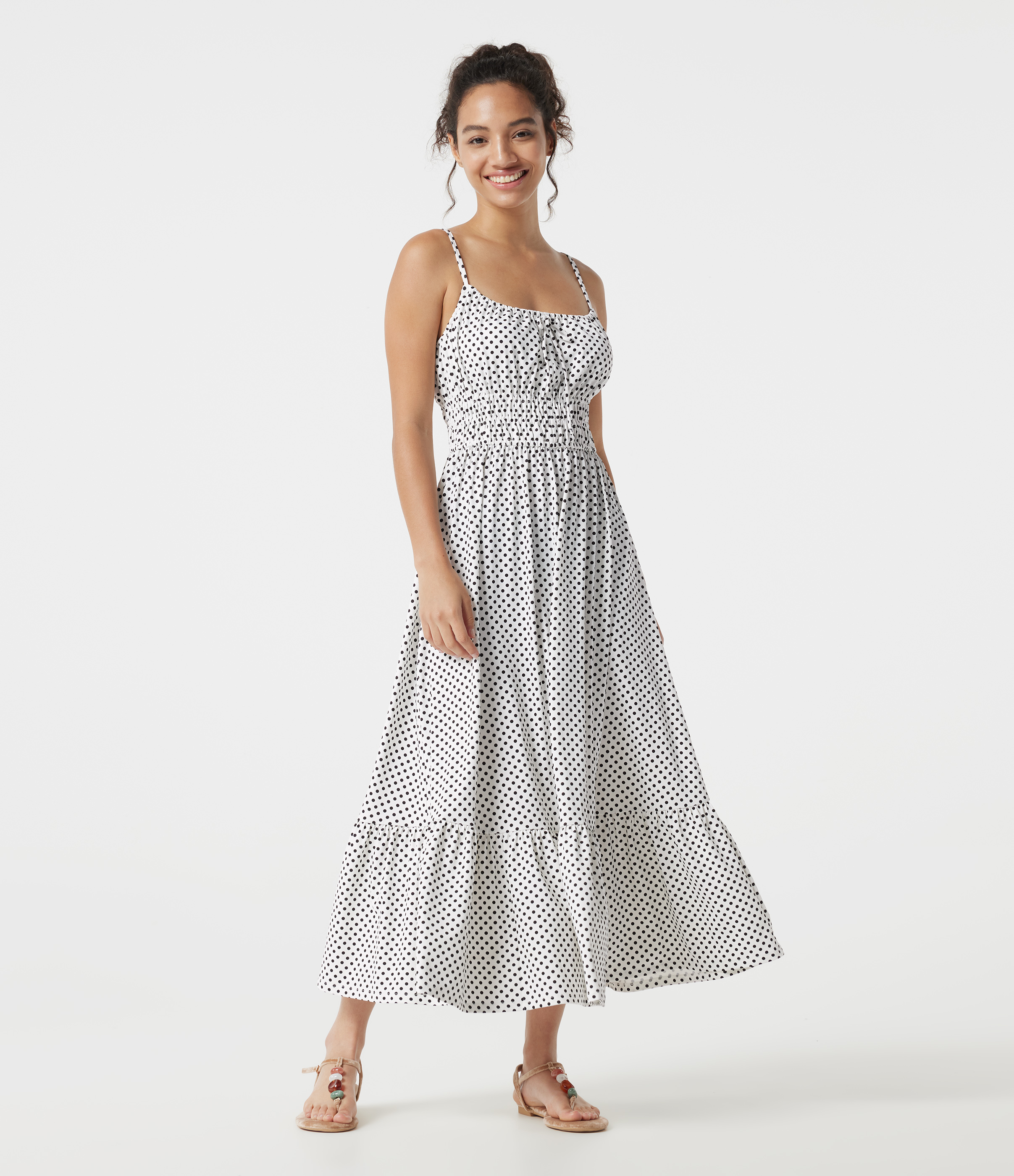 Tie Front Polka Dot Flowy Midi Casual Slip Dress