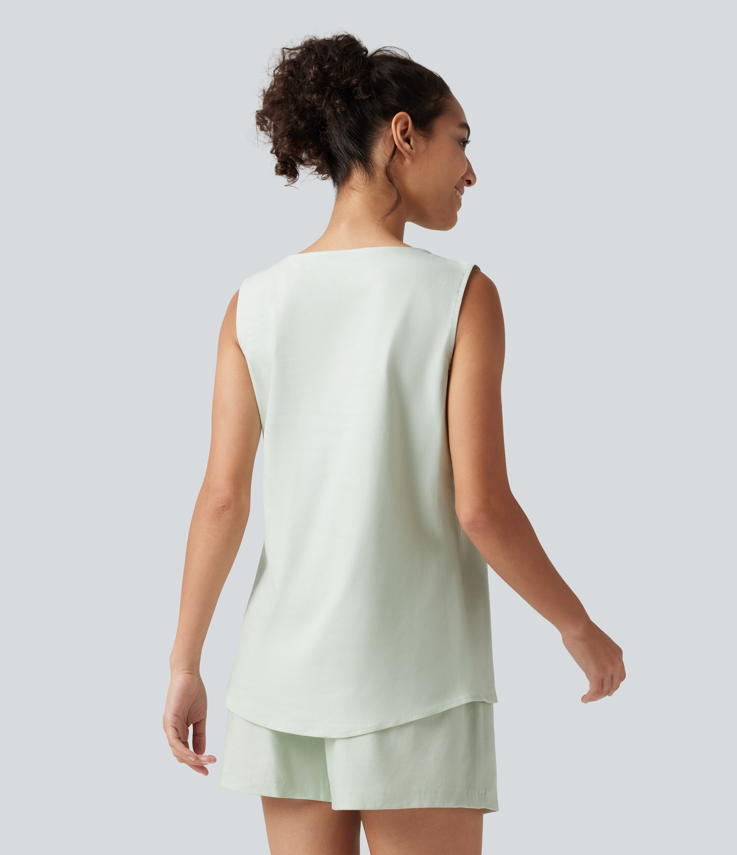 Pale Aqua Square Neck Casual Linen-Blend Tank Top / 2