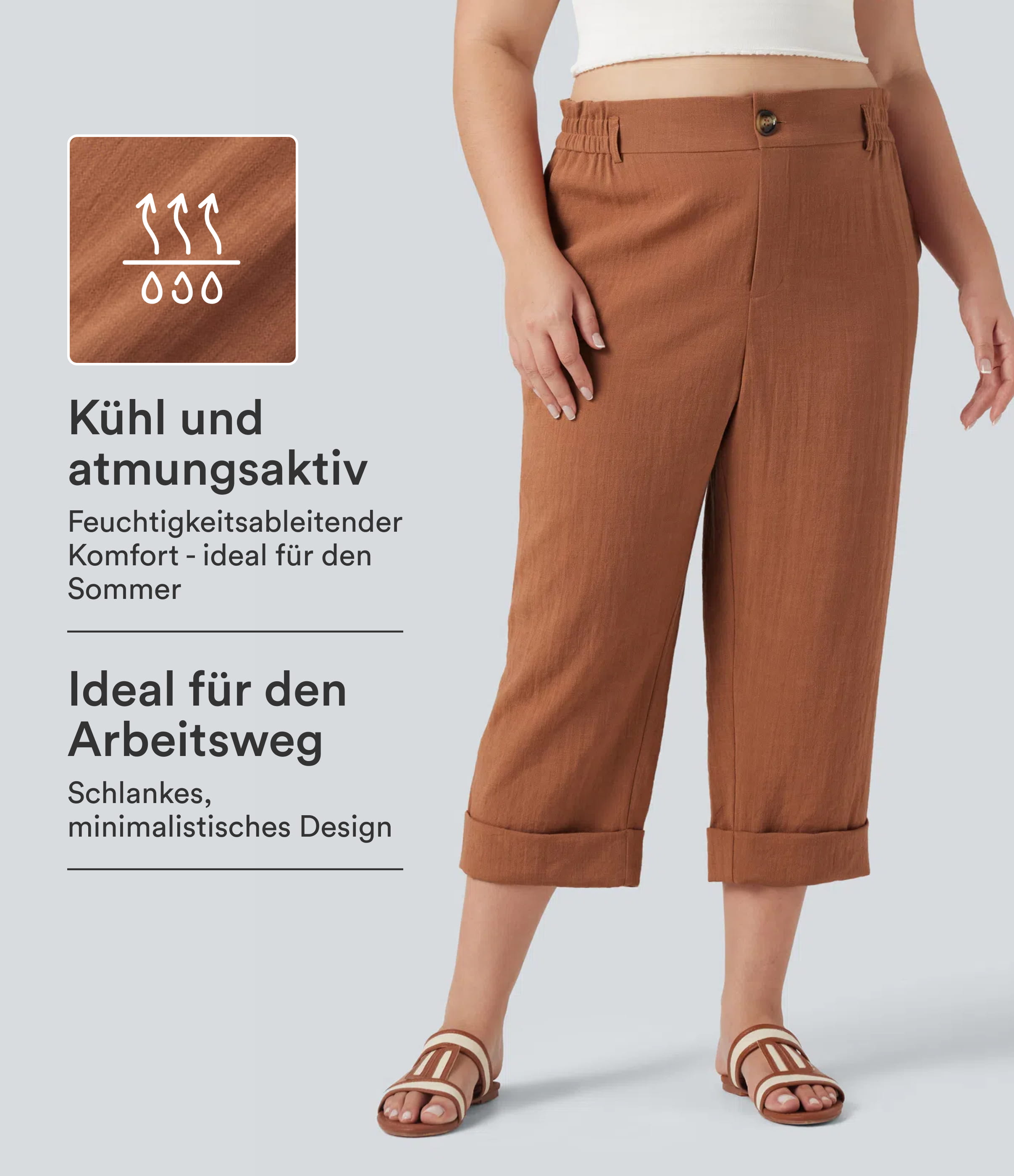 Capri-Hose aus leinenähnlichem Material mit hohem Bund und Seitentaschen - Plus Size