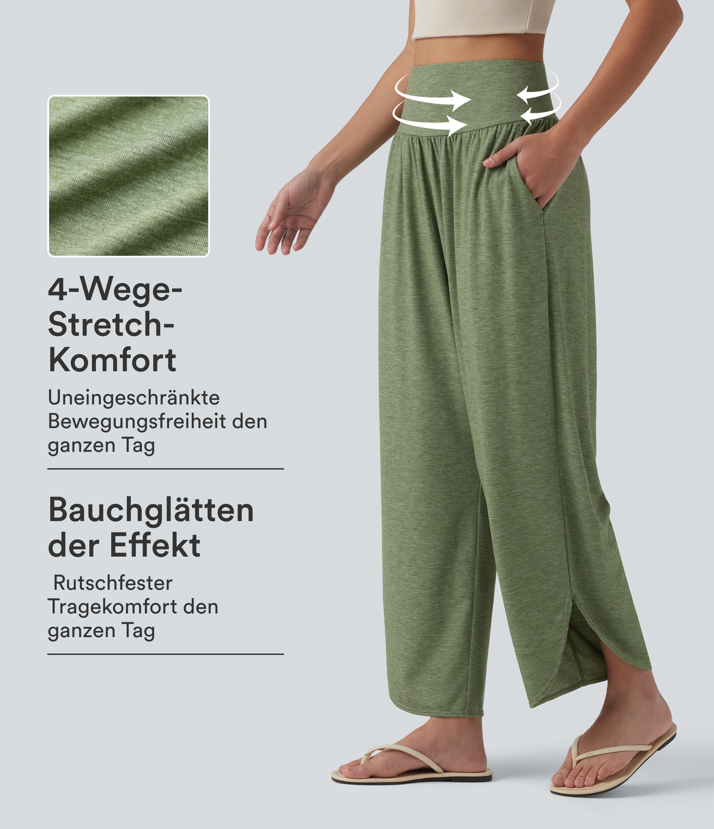 Lässige Hose mit hohem Bund, Seitentaschen, Bauchkontrolle und abgerundetem Saum