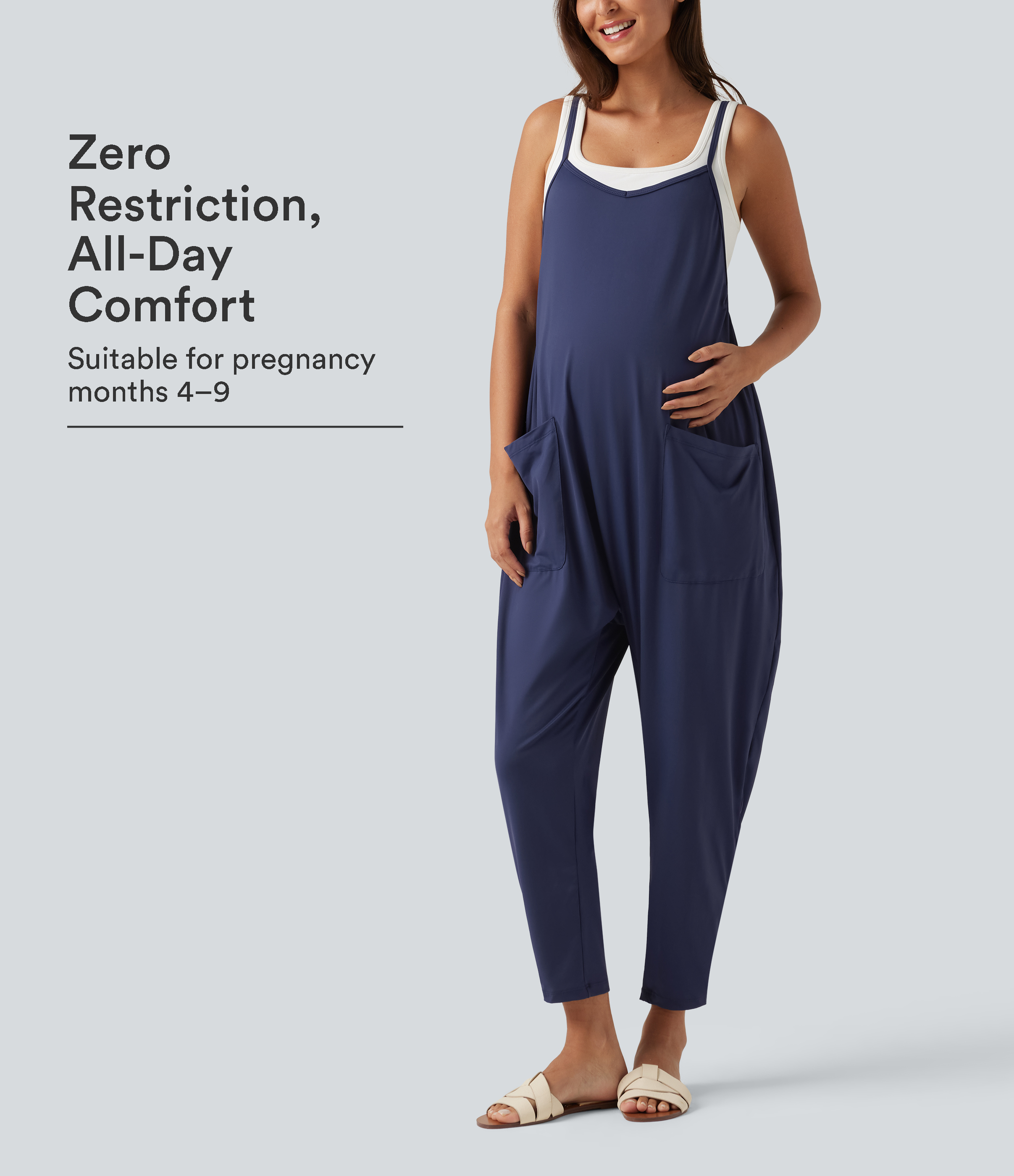 Square Neck Tapered Casual Maternity Jumpsuit with Pockets