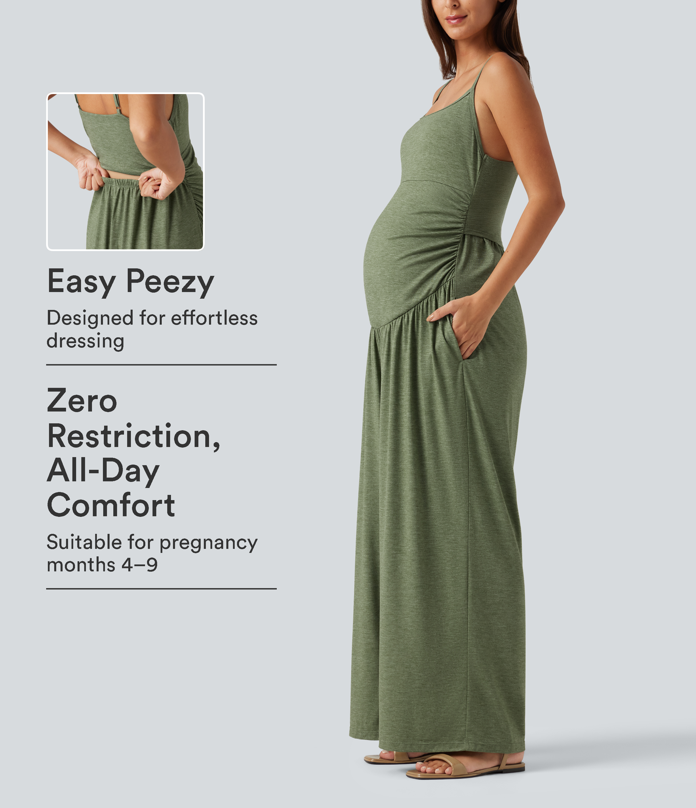 Built-In-Bra Ruched Wide Leg Heathered Casual Maternity Slip Jumpsuit with Pockets-Easy Peezy Edition