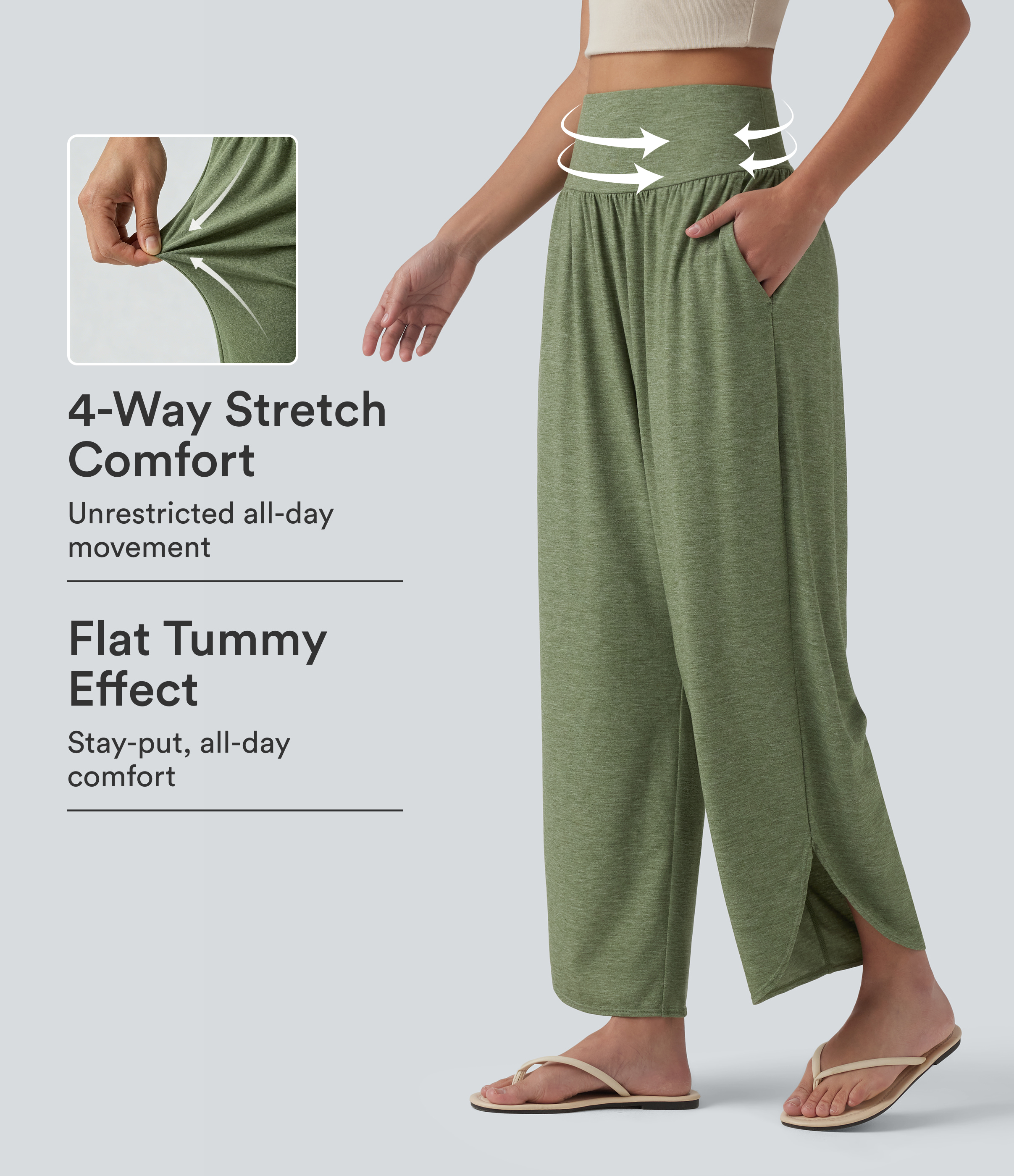 Pantalon décontracté taille haute à effet gainant au niveau du ventre, ourlet arrondi et poches
