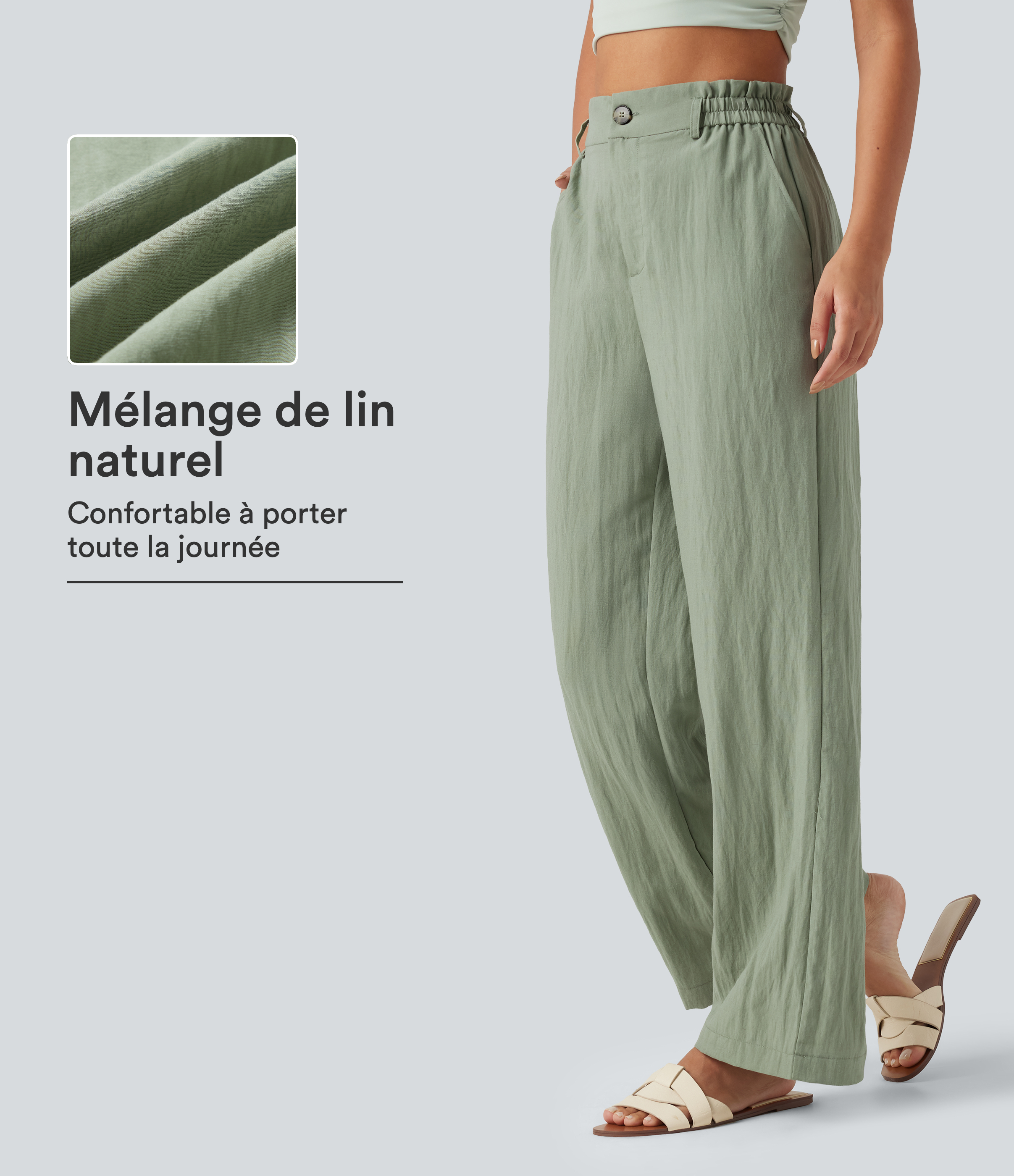 Pantalon décontracté taille haute à jambes larges en mélange de lin avec poches