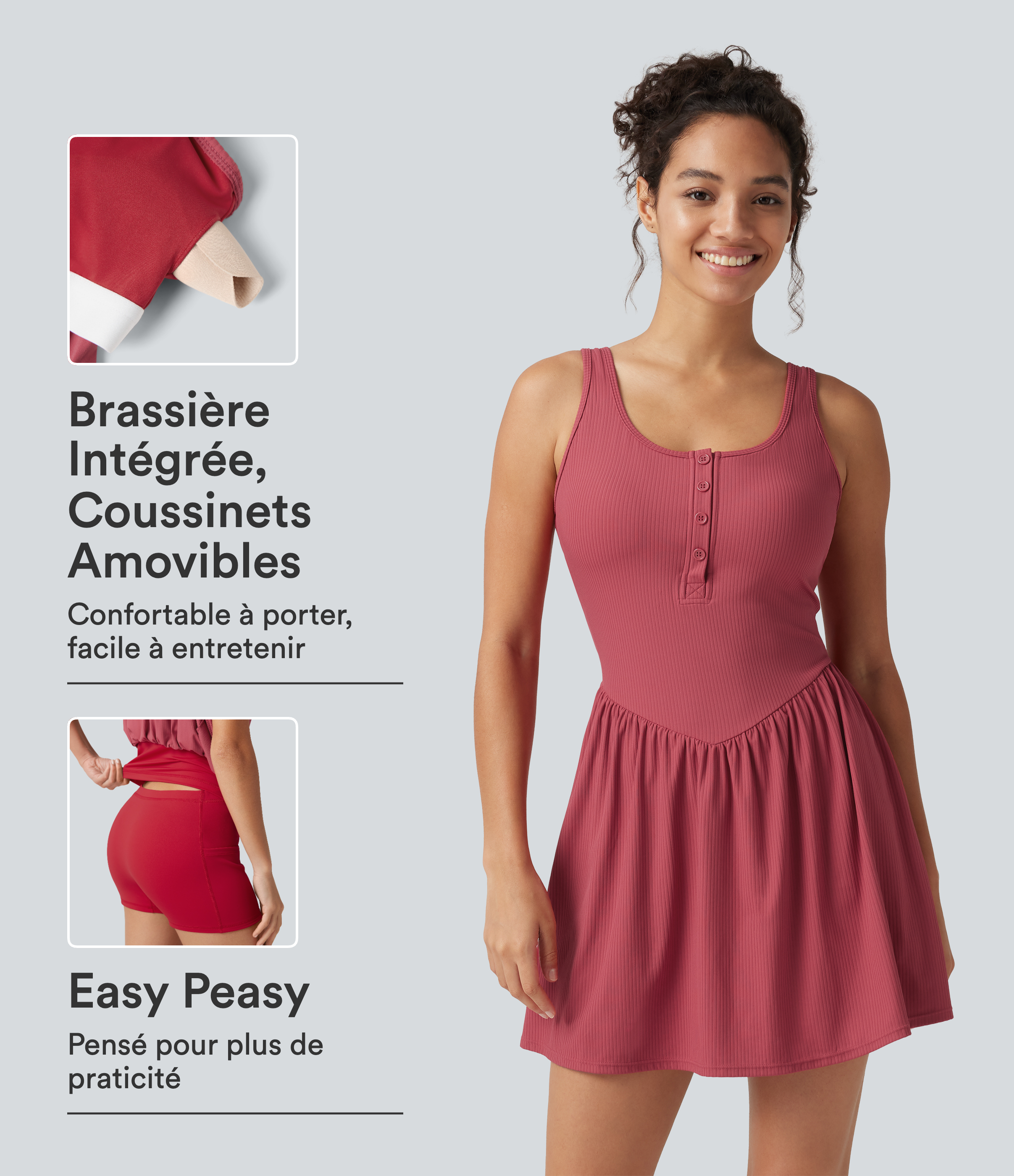 Robe mini de tennis Active Dress côtelée à col tunisien, poches et accès facile Easy Peasy