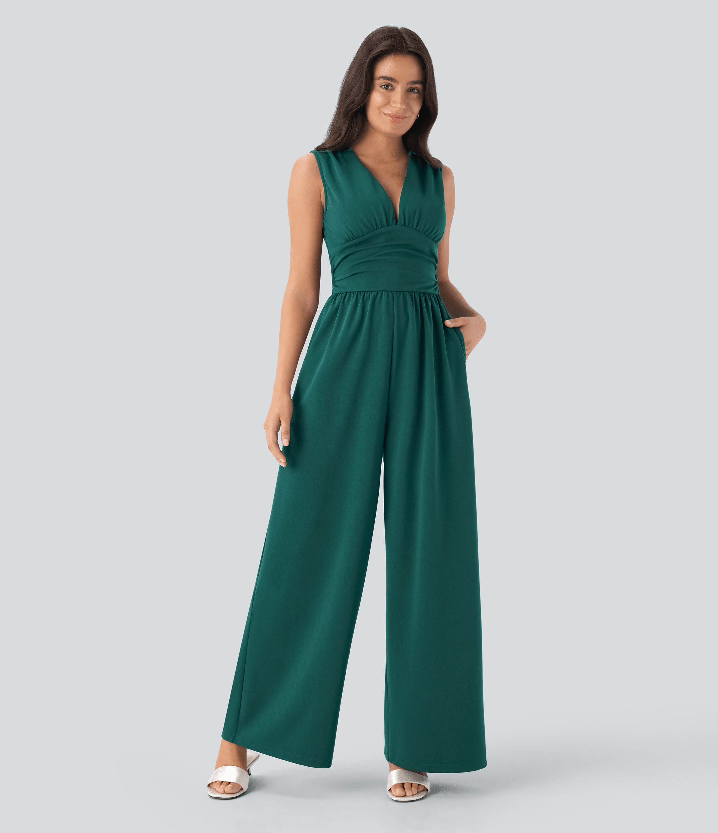 V-Ausschnitt Ärmelloses Gerafftes Taschen-Jumpsuit-Ganz Einfach