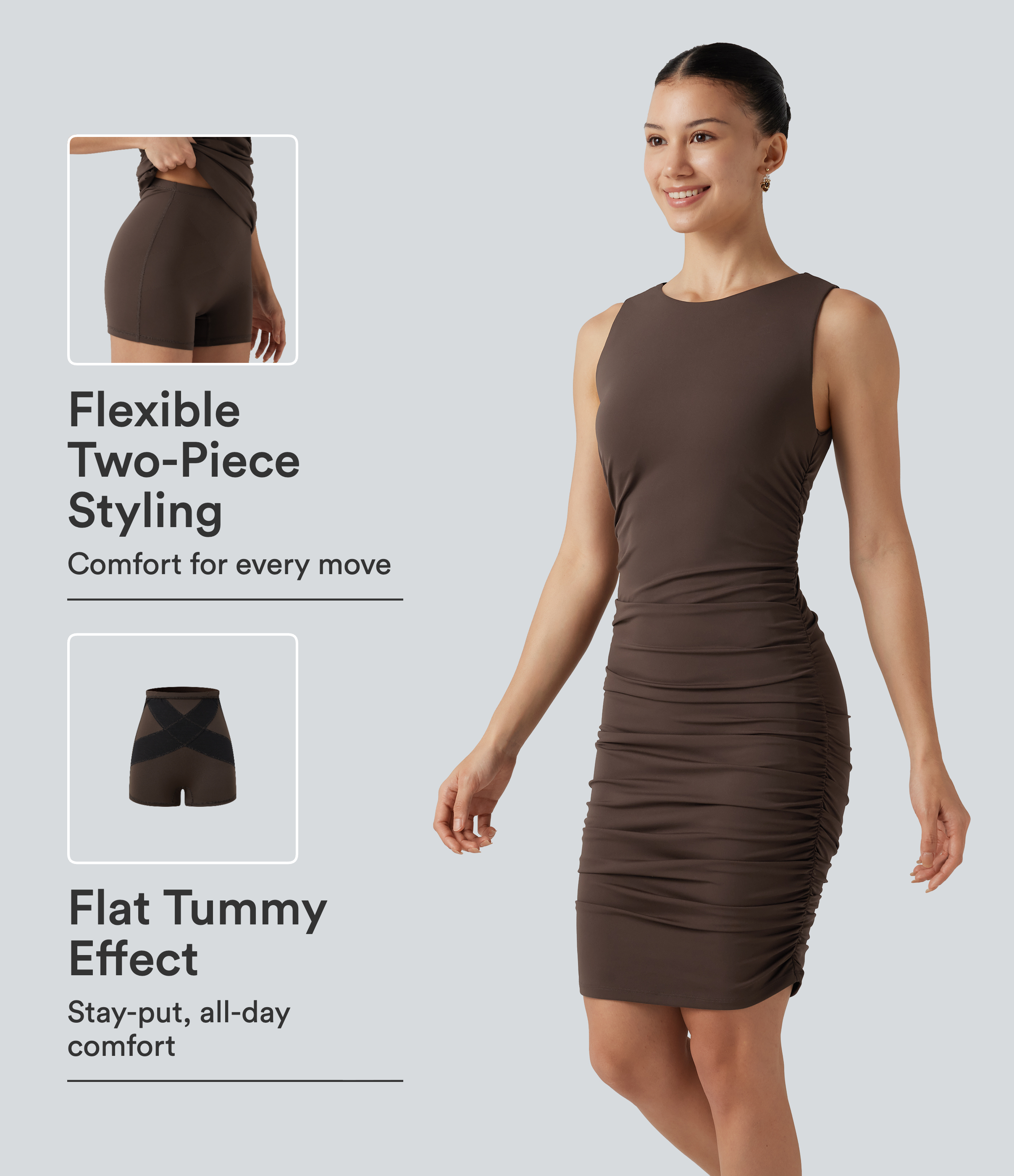 SoftlyZero™ Airy Round Neck Sleeveless Ruched Built-in Bra 2-Piece InstantCool Casual Bodycon Dress with Tummy Control Shorts