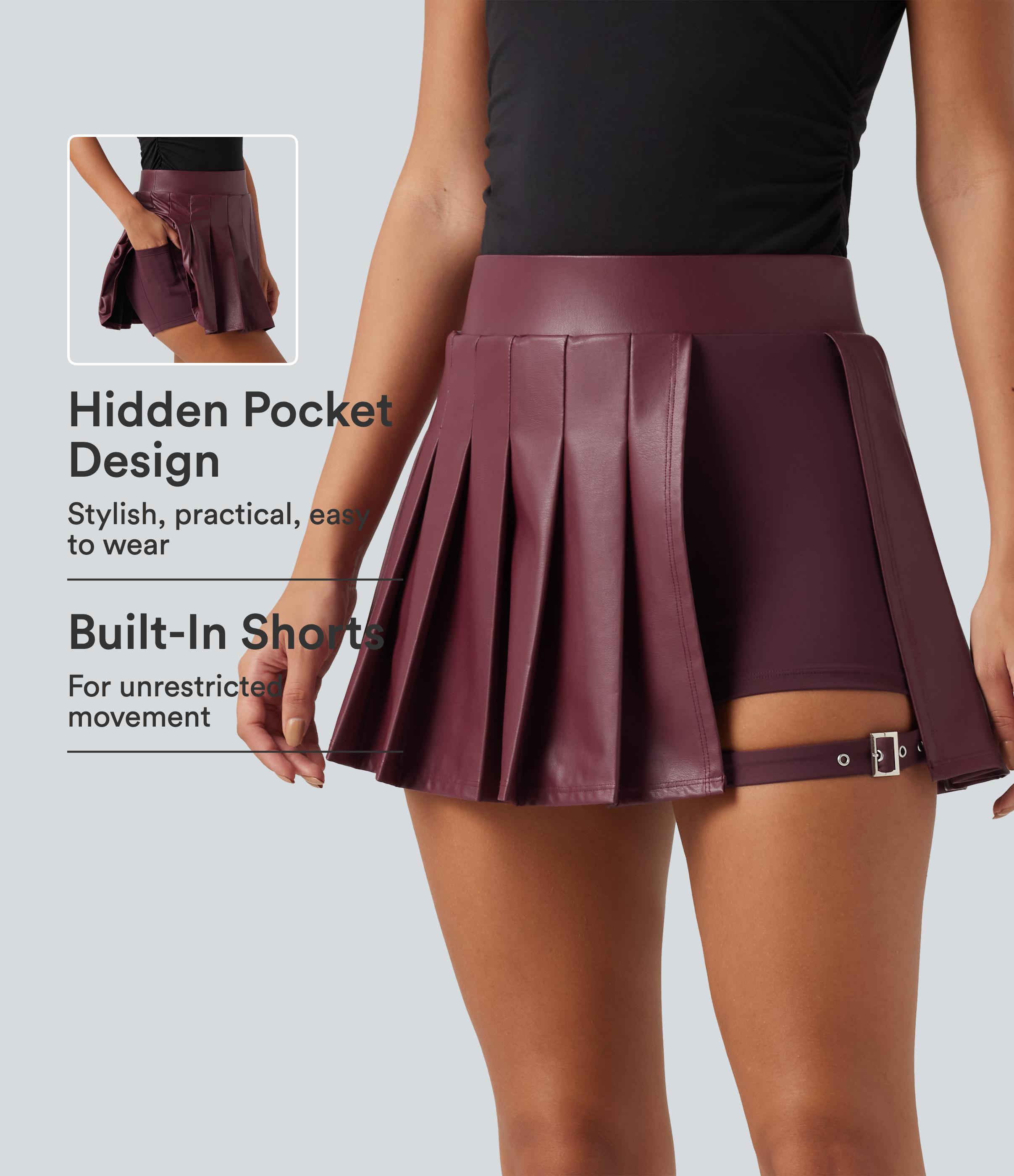 High Waisted Pleated 2-in-1 Stretchy PU Micro Mini Party Skirt with Pocket