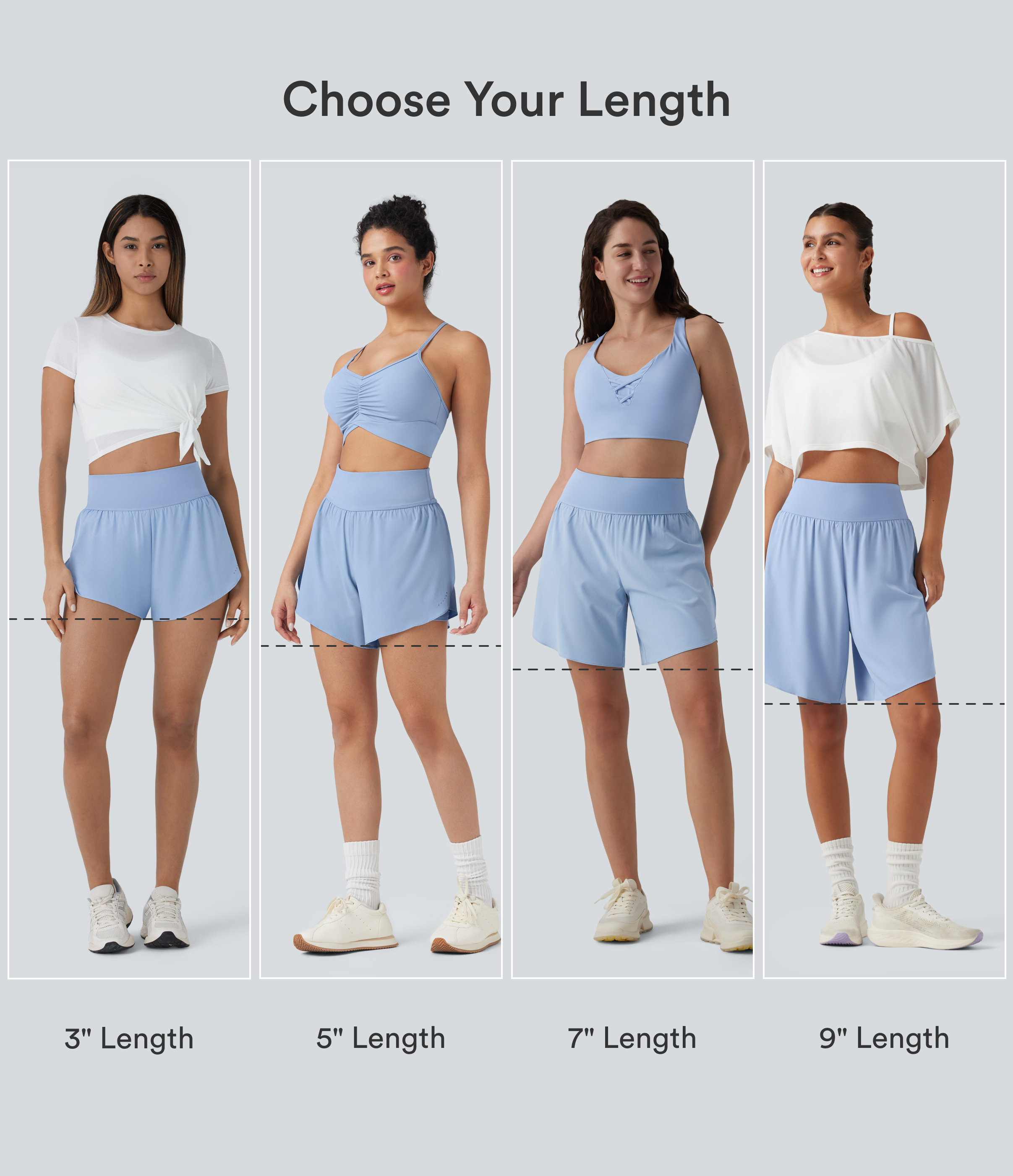 Sky Blue SoftlyZero™ QuickDry High Waisted Tummy Control Reflective Dots Crossover Hem 2-in-1 Running Shorts 7'' with Pockets / 2
