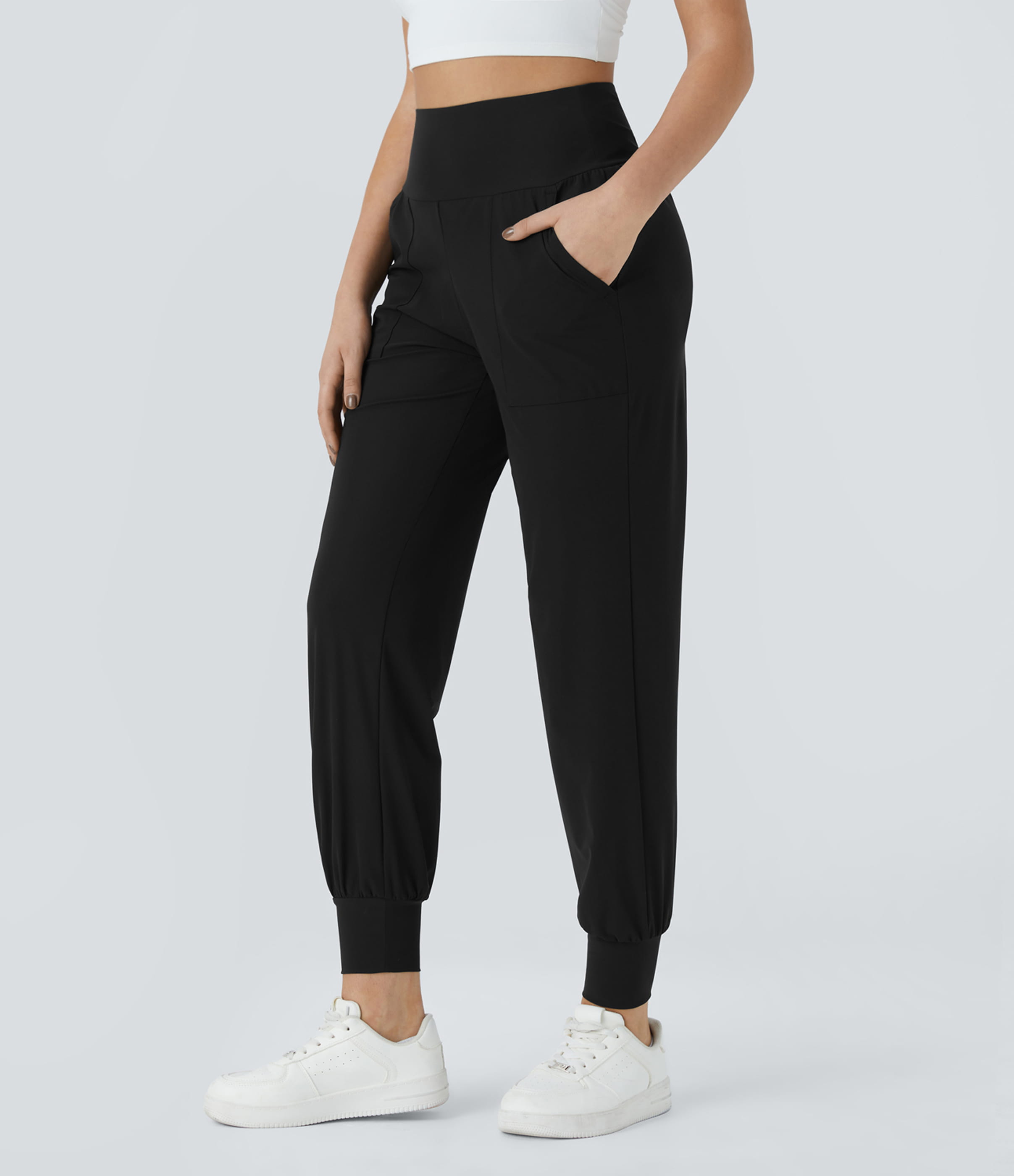 Black High Waisted Plain Side Pocket Casual Joggers / 2