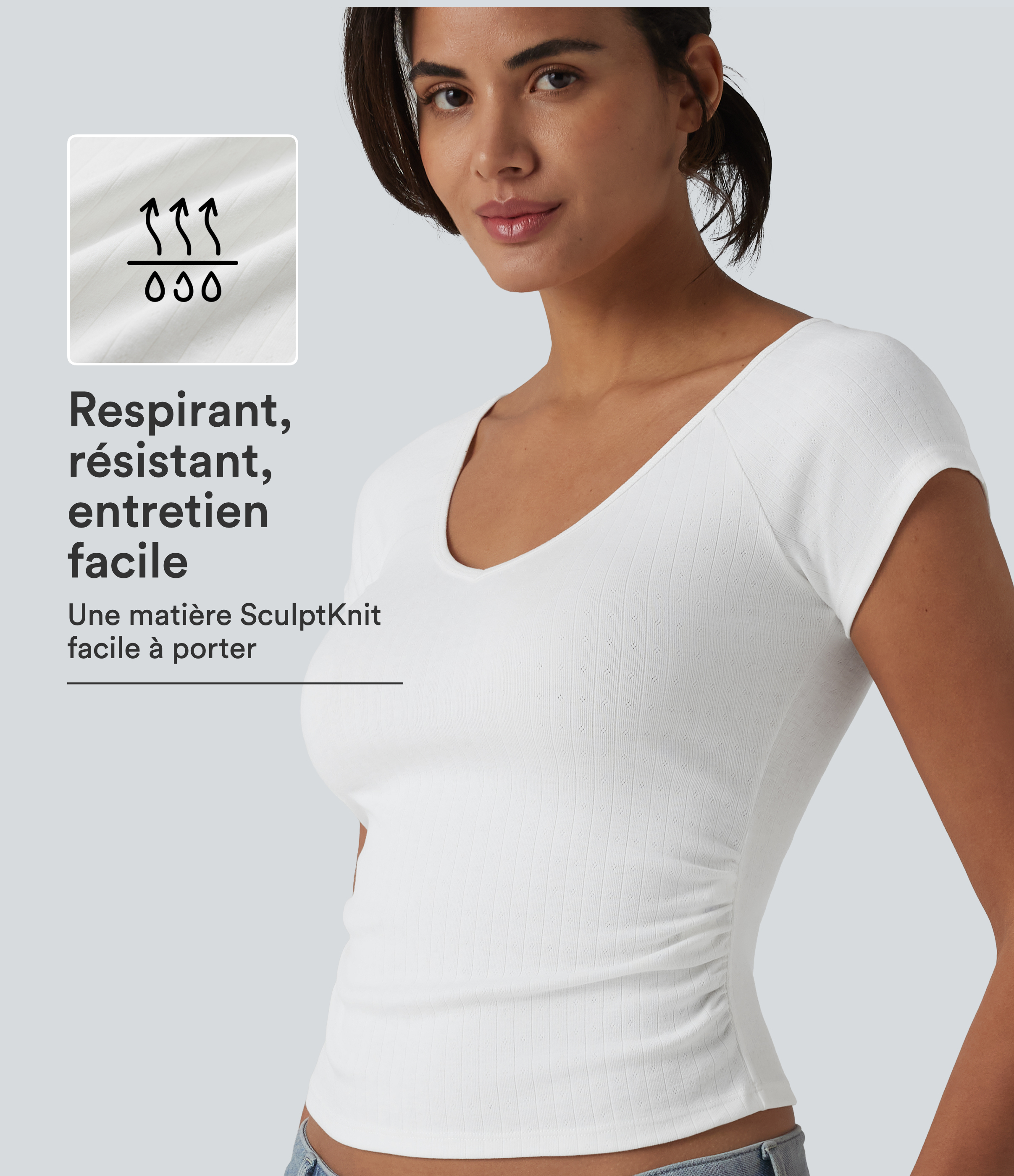 T-shirt col V manches courtes avec fronces