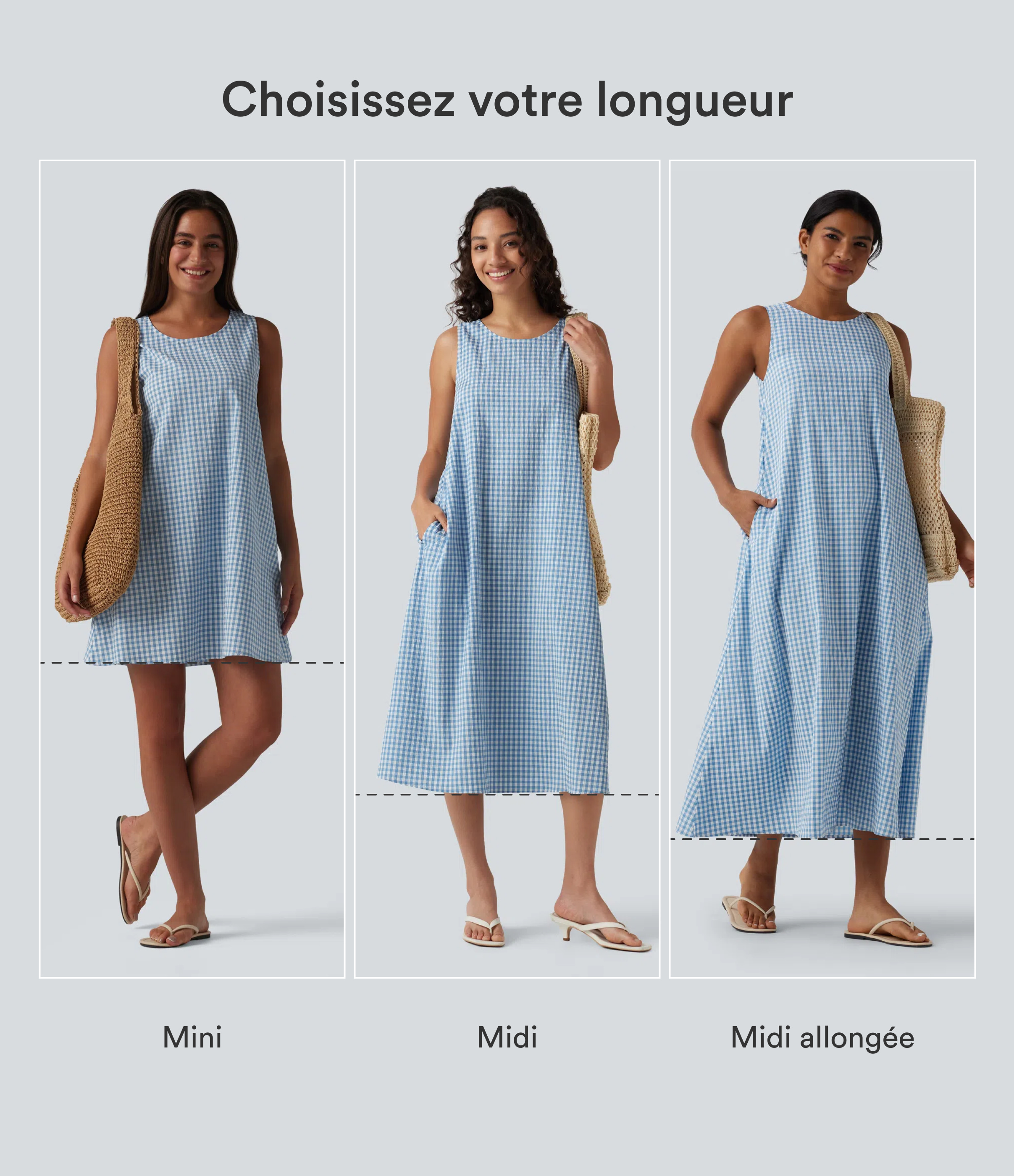 Blue White Bubble Grid Robe débardeur midi décontractée col rond sans manches en vichy froissé avec poches / 2