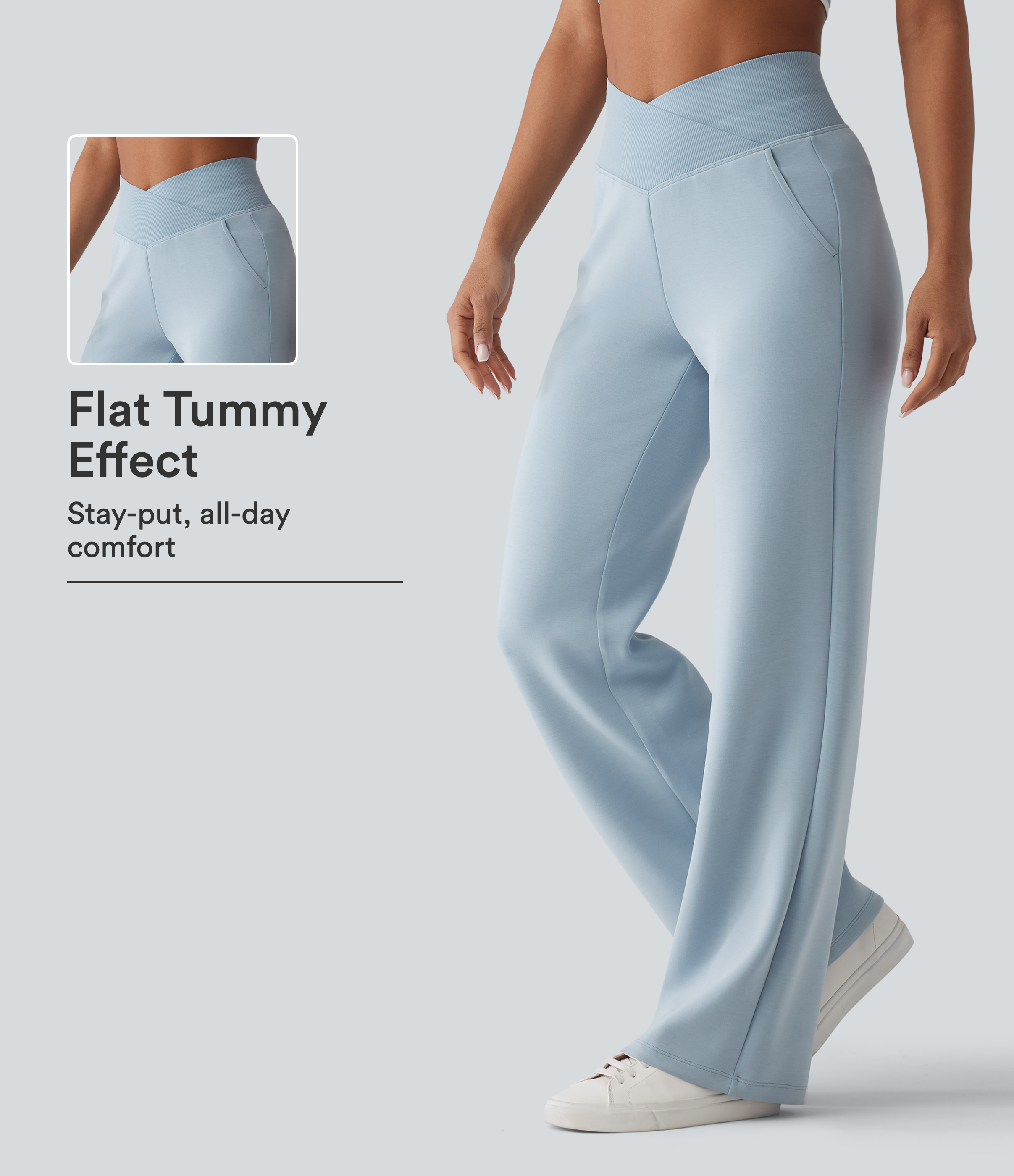 SpacerTek™ High Waisted Crossover Tummy Control Straight Leg Casual Pants with Pockets