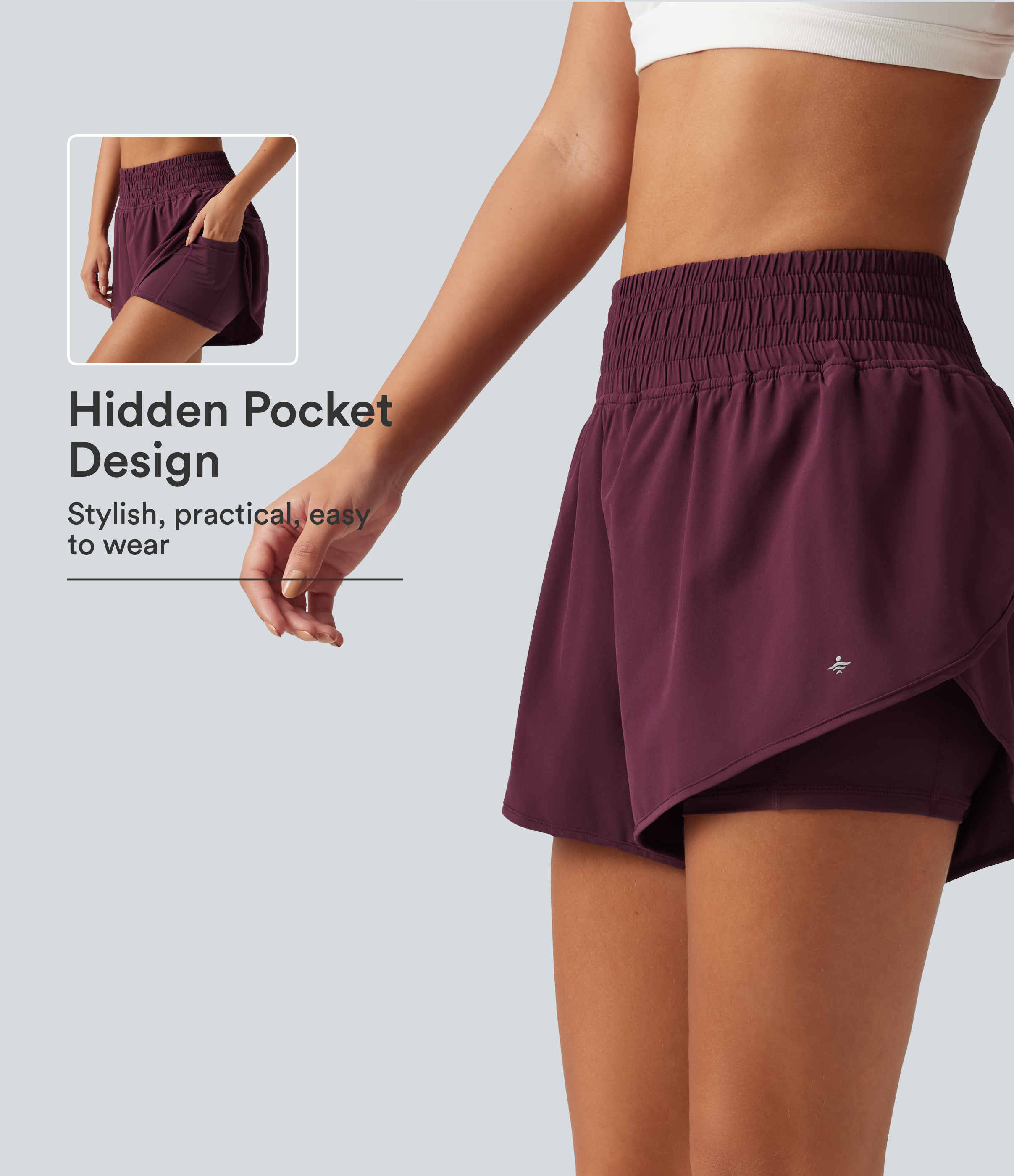 Breezeful™ High Waisted 2-in-1 Crossover Curved Hem Quick Dry Running Shorts 3'' with Pockets