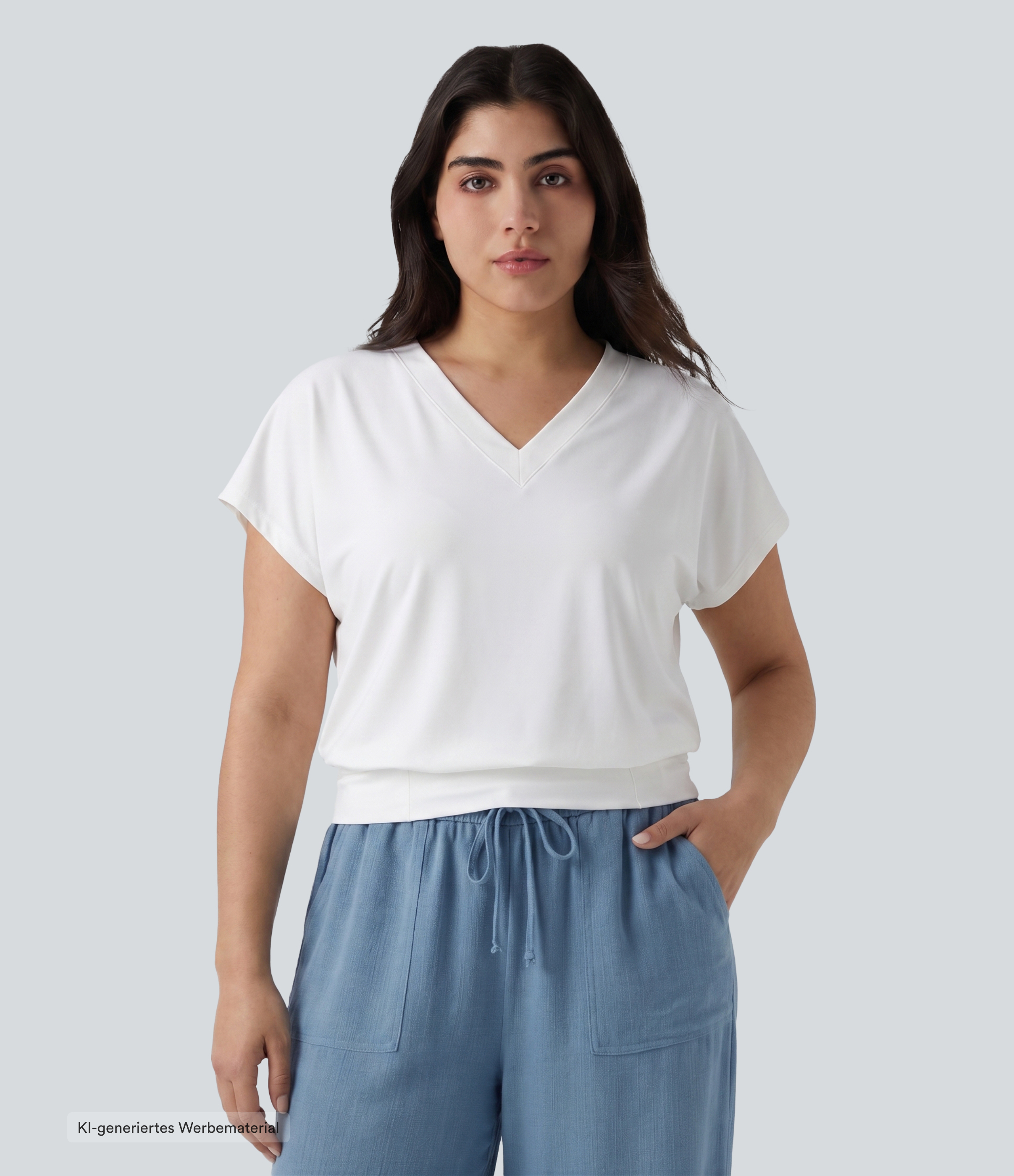 Oversized Yoga-Sport-Top mit V-Ausschnitt, kurzen Ärmeln und Cool-Touch - Plus-Size, schnelltrocknend