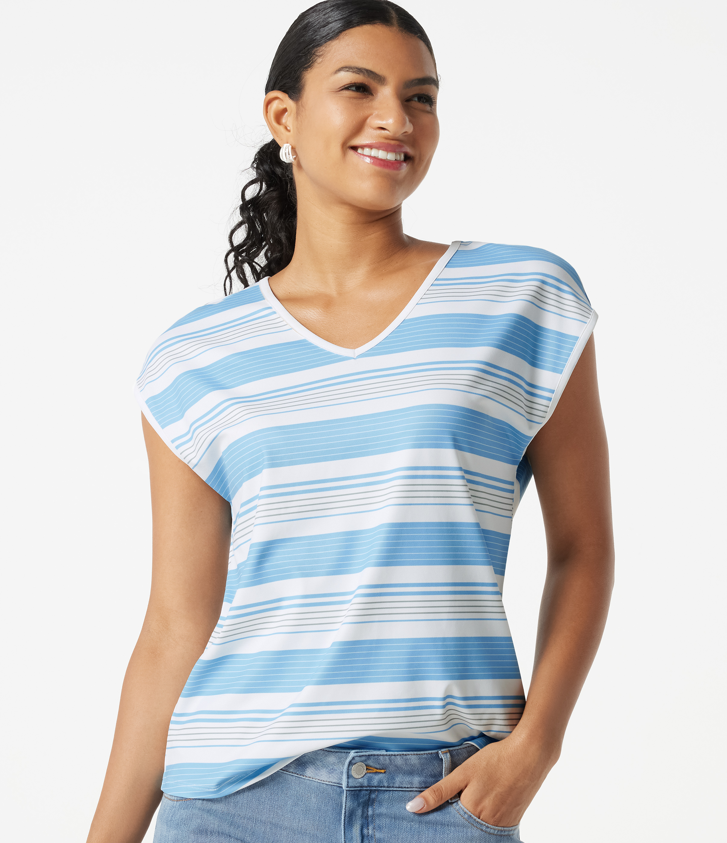 V Neck Short Sleeve Stripe Casual T-Shirt