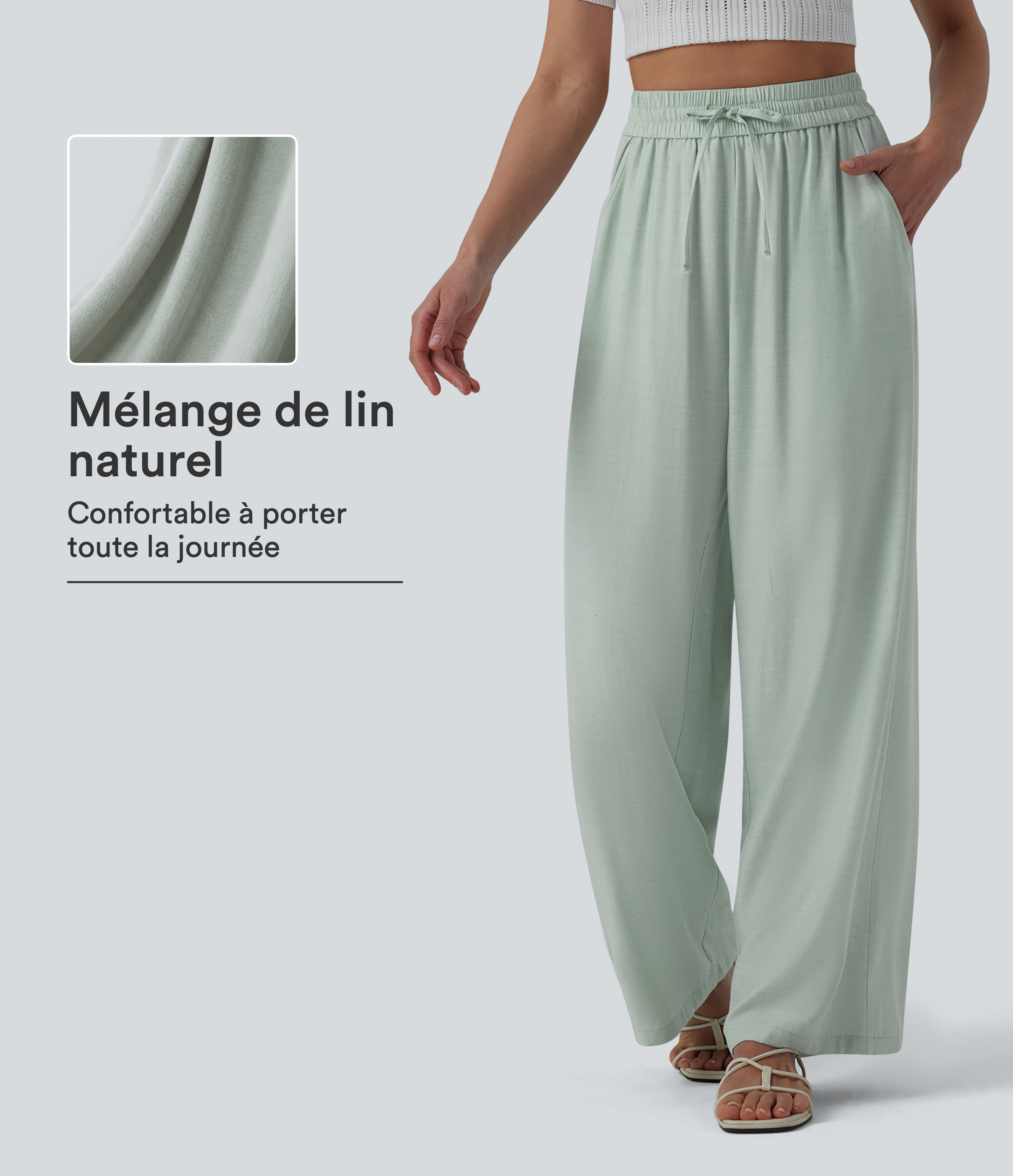 Pantalon casual large mélange lin taille haute avec cordon de serrage et poches